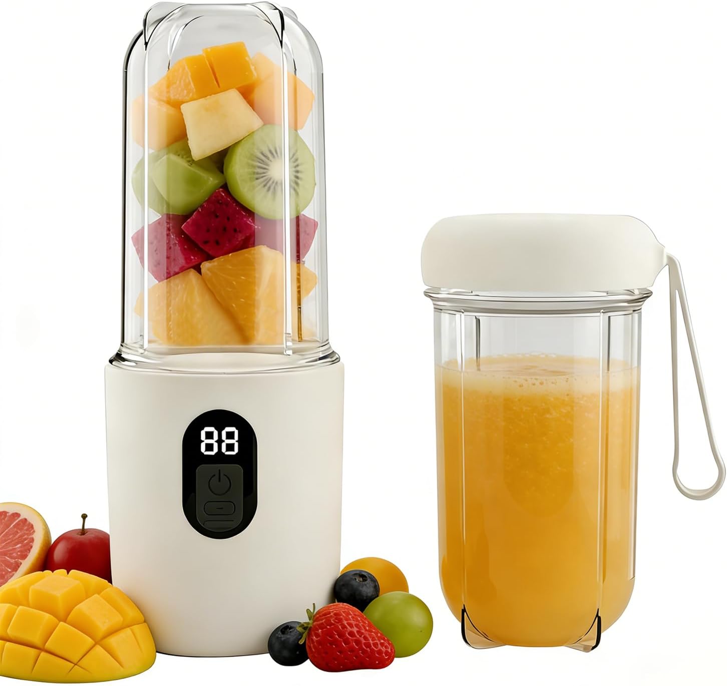 Tragbarer Mixer 500 ml, Smoothie Maker to Go mit Digitalanzeige & 16 Klingenklingen, Edelstahl, USB wiederaufladbarer Mini-Entsafter, BPA-freier Shaker für Shakes/Milchshakes für Küche/Reisen/Fitnessstudio (Weiß)