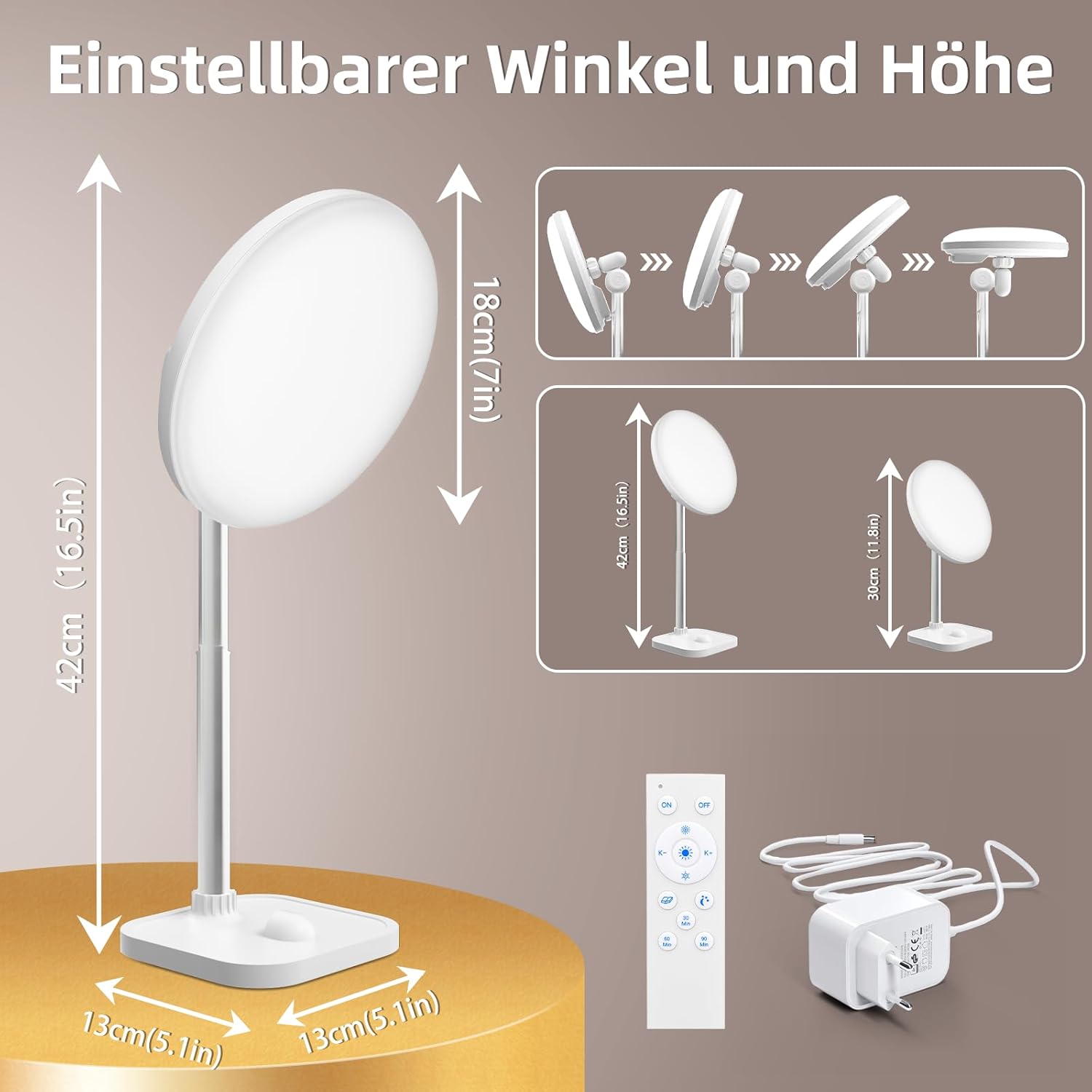 Tageslichtlampe 15000 Lux Lichttherapielampe, Tageslichtlampe Schreibtisch mit 3 Farbtemperaturen und 5 Helligkeitsstufen, USB-A-Anschlüssen, Dimmer und Timer, einstellbarer Winkel und Höhe für Lesen/Büro/Zuhause – Bild 6