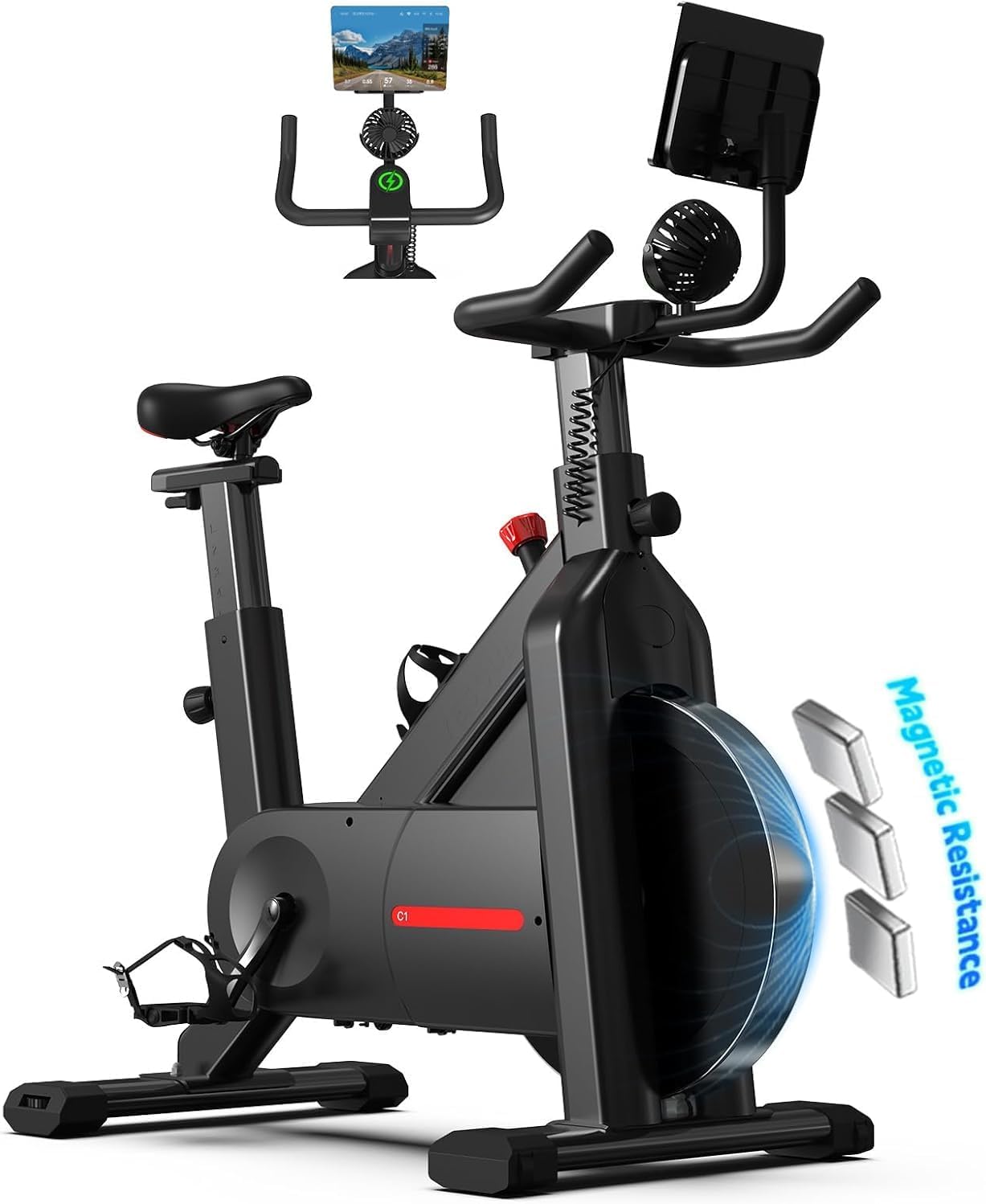 Bluearth Heimtrainer mit autarkem Ventilator und dynamischen LED-Lichteffekten, professionellen Livestreaming-Kursen, intelligenter exklusiver App, 300 lbs magnetischem Widerstand, stationär