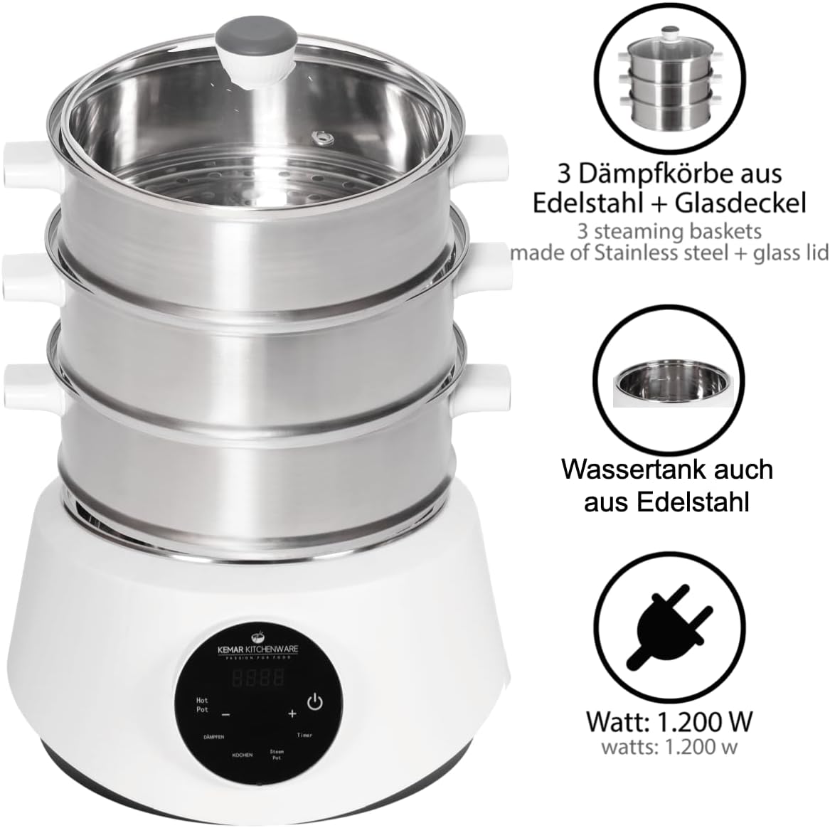 KFS-3000 Dampfgarer, Hot Pot, Fondue mit Touch-Display, 3 Dampfkörbe aus Edelstahl, 4 Programme, Timer, Dampfgarer (KFS-3000 Standardversion) – Bild 3