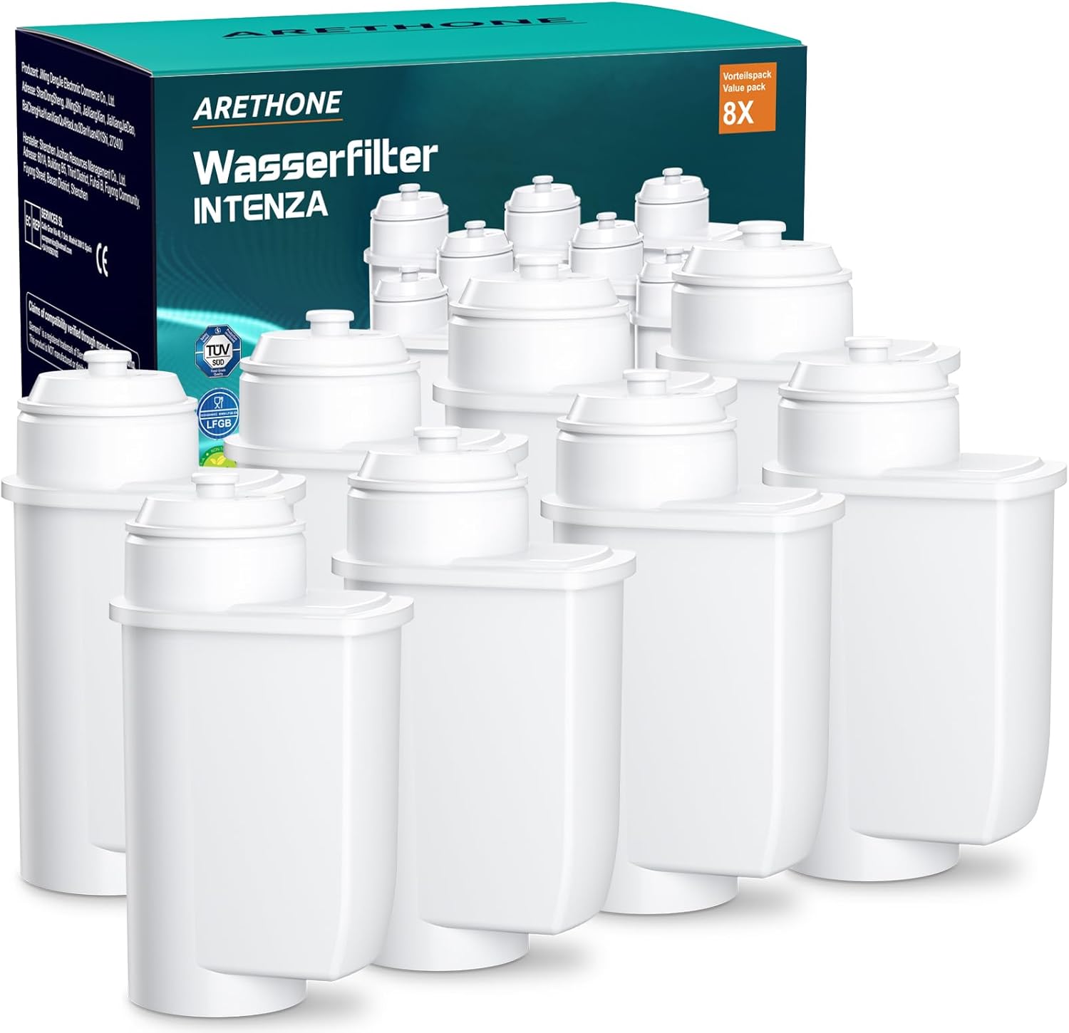 ARETHONE Wasserfilter für Siemens EQ-Serie, EQ3, EQ5, EQ6, EQ7, EQ9, EQ500, S700, Wasserfilter-Kaffeemaschine für Bosch TCZ7003, TCZ7033, für Brita Intenza 575491, Neff C77V60-Serie (8 Stück)