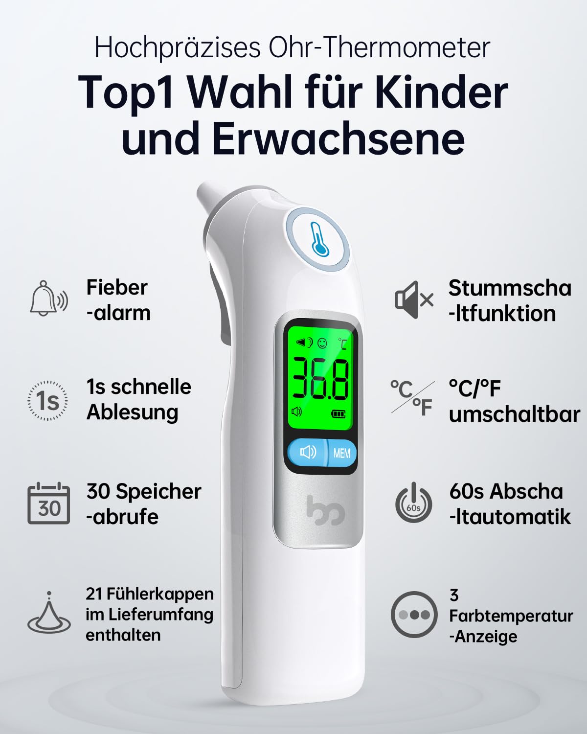 Fieberthermometer Ohr für Erwachsene und Kinder, hochpräzises 1-Sek.-Ohrthermometer, 30 Speicherabrufe, 3-Farben-Fieberalarm, mit 21 Einweg-Sondenhüllen und Aufbewahrungsbox (LCD weiß) – Bild 3