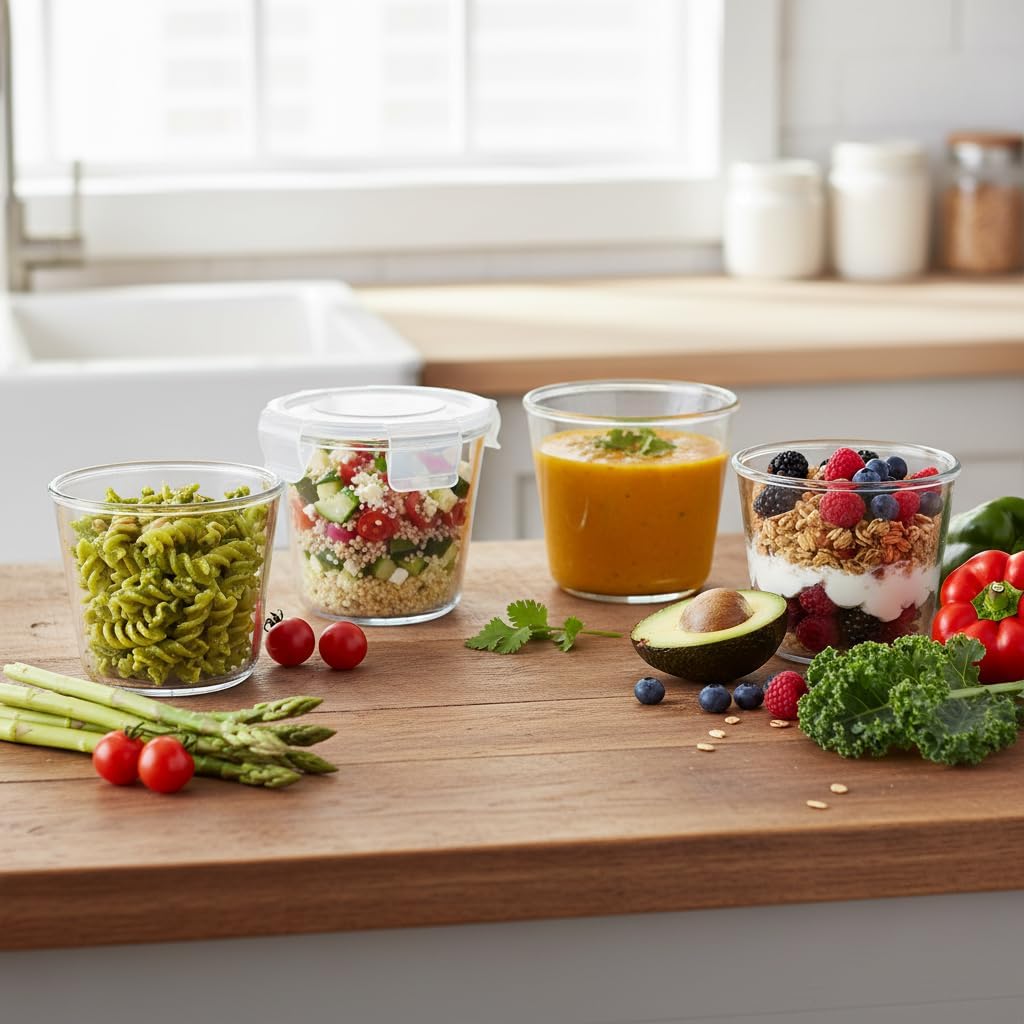 H.JSS WDJS Glasbehälter mit Deckel, runder Glasbehälter mit Deckel, stapelbar, Lebensmittelaufbewahrungsbehälter aus Glas, Meal-Prep-Gläser, Suppenbehälter mit luftdichten Deckeln, mikrowellen-, spülmaschinenfest (weiß, 710 ml) – Bild 8