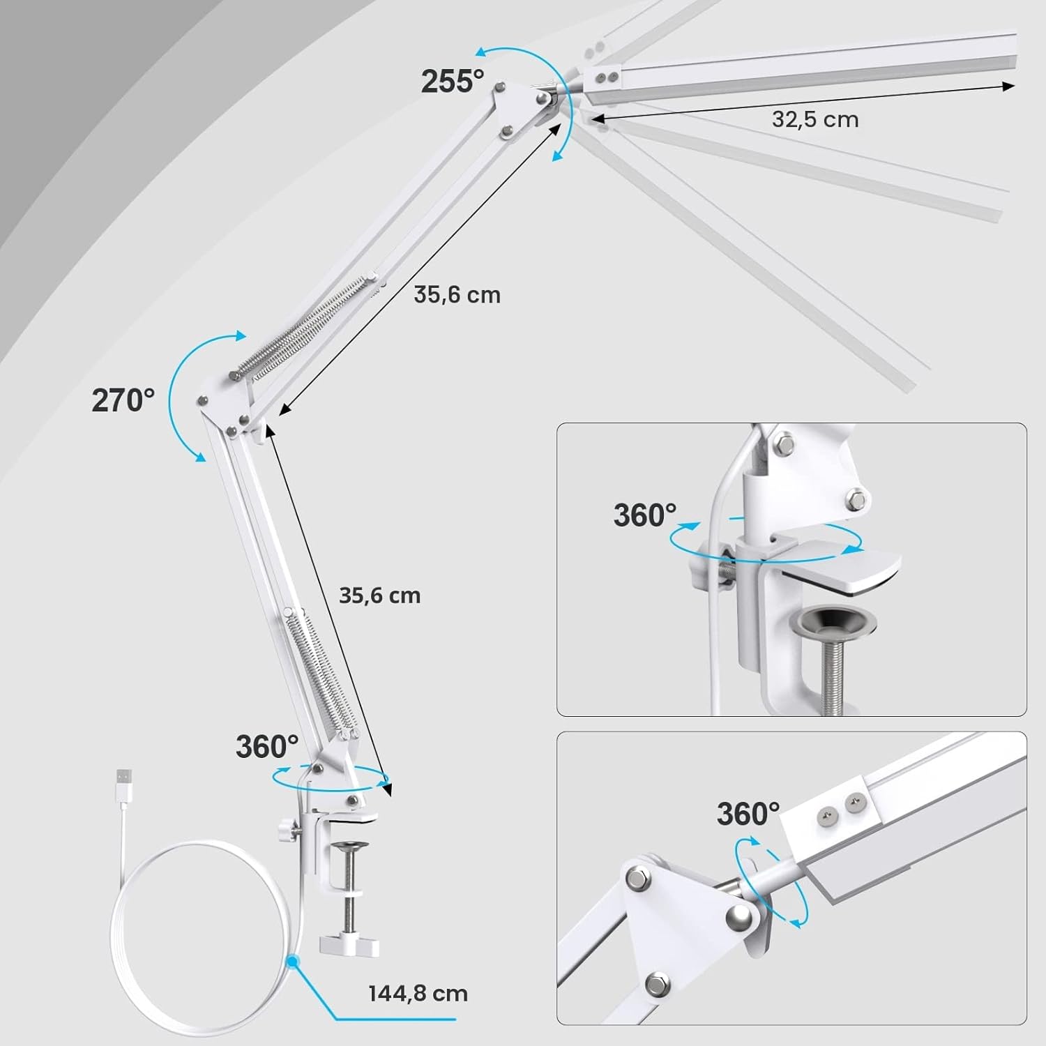 SKYLEO Schreibtischlampe dimmbar – Tischlampe mit Clip und Sockel – Augenschutz-LED-Schreibtischlampe – 3 Lichtmodi x 10 Helligkeitsstufen – Weiß – Bild 3