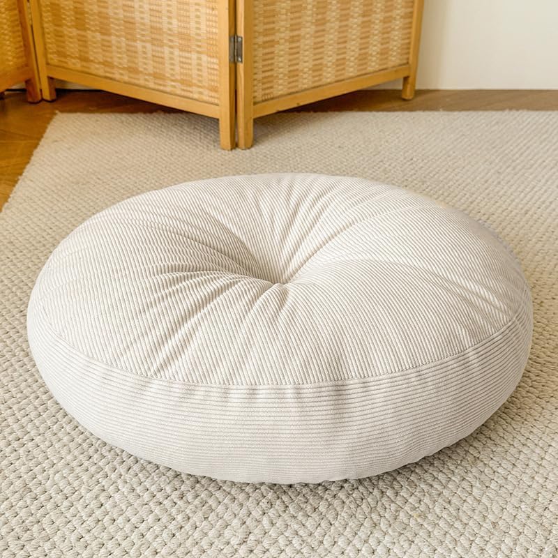 Rundes Bodenkissen, 45 x 45 cm, großes dickes Cord-Bodenkissen, Meditationskissen für Erwachsene, dekorative runde Kissen für Yoga, Wohnzimmer, Balkon und Outdoor-Tatami (Gebrochenes Weiß)