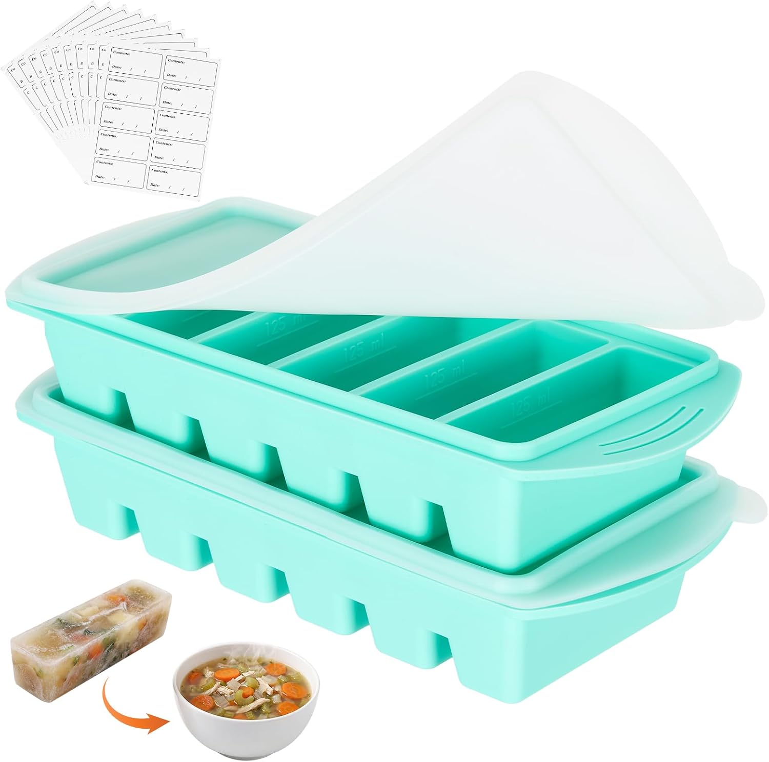 2er-Pack Suppen-Gefrierbehälter, 6 Fächer × 165 ml Suppenwürfel, Silikon-Gefrierbehälter mit Deckel, BPA-frei, Lebensmittel-Suppen-Gefrierschrank, Suppen-Eiswürfelform für Brühe, Soße, Eis (Mintgrün)