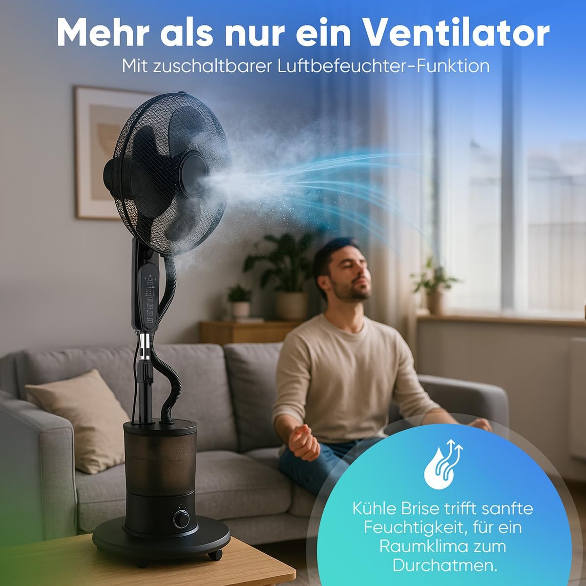 ProfiCare Leise Ventilator mit Luftbefeuchter, Schwenkfunktion, Höhe und Winkel verstellbar, 3 Stufen, Timer, Standventilator, sehr leise, Ventilator mit Fernbedienung, Ventilator PC VL 3142 LB – Bild 2