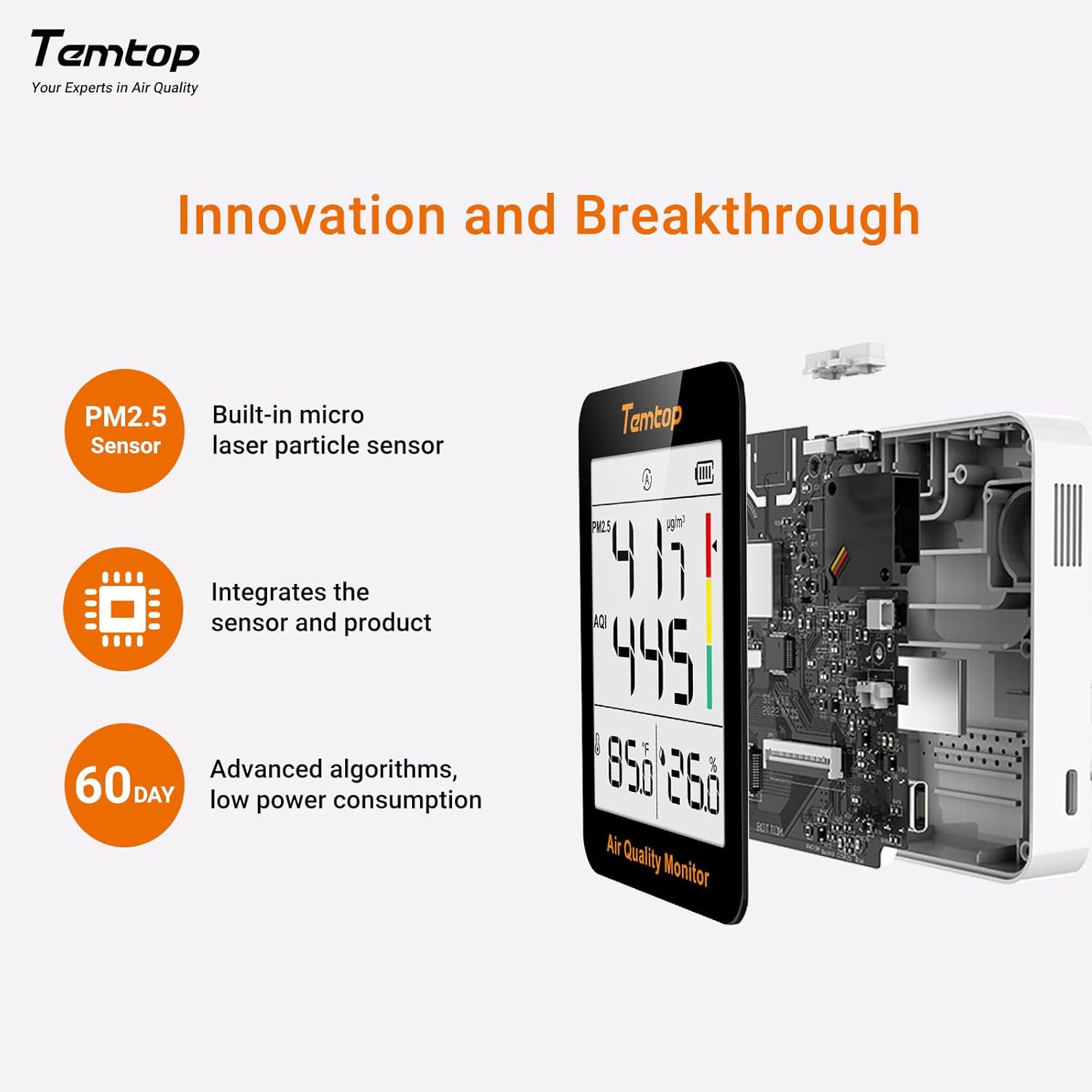 Temtop S1-UP Luftqualitätsmessgerät PM2,5, AQI, Temperatur und Luftfeuchtigkeit, extrem lange Batterielebensdauer von 100 Tagen, ideal für Zuhause und Büro – Bild 6