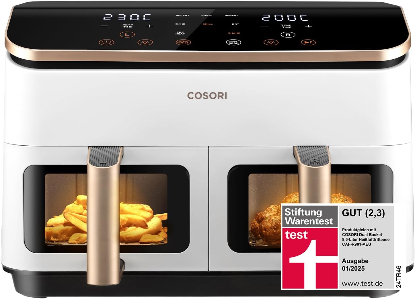 COSORI Heißluftfritteuse 2 Kammern, Testsieger der Stiftung Warentest, 8,5 L 6-in-1 Airfryer mit Sichtfenster, Schwarz/Weiß