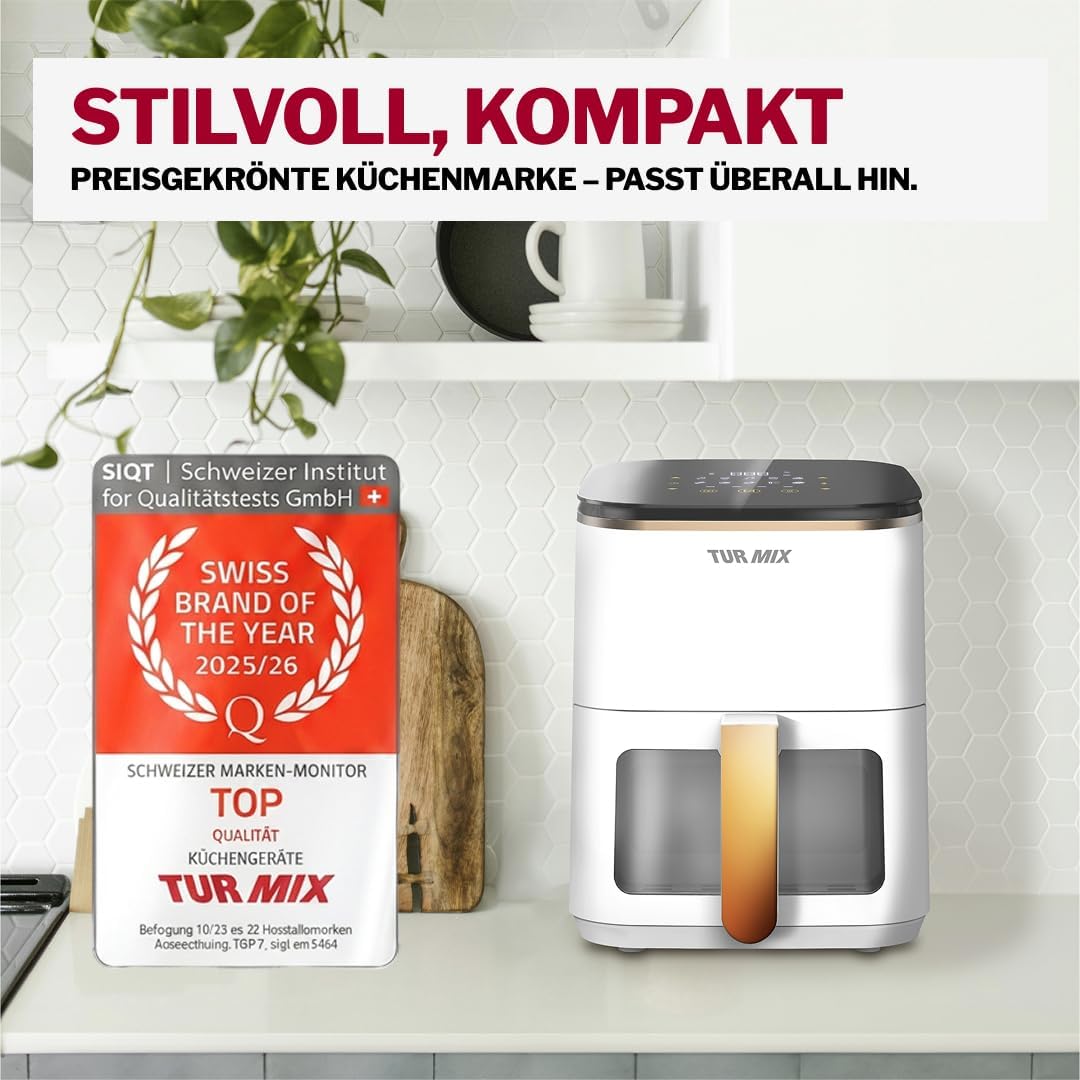 Preisgekrönte Heißluftfritteuse Turmix CX 250 Weiß – Kompakter 3,5-Liter-Airfryer, 1350 W, transparentes Fenster, Touch-Display mit 10 automatischen Kochprogrammen – Schweizer Marke des Jahres – Bild 2