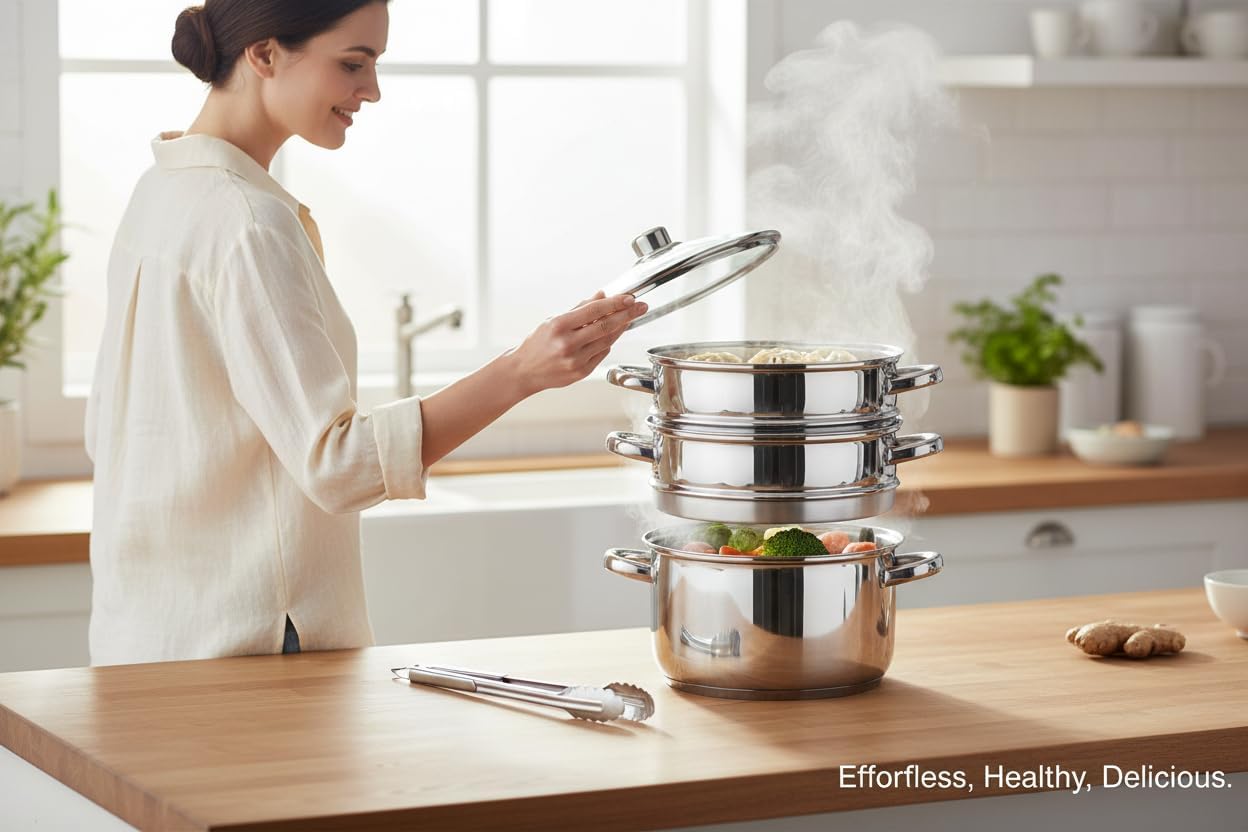 Dampfgarer-Set – Topfset 5-teilig – 24 cm – 3 x Dampfgareinsätze und Glasdeckel – für alle Herdarten – Dampftopf für gesundes Dampfgaren – Bild 3