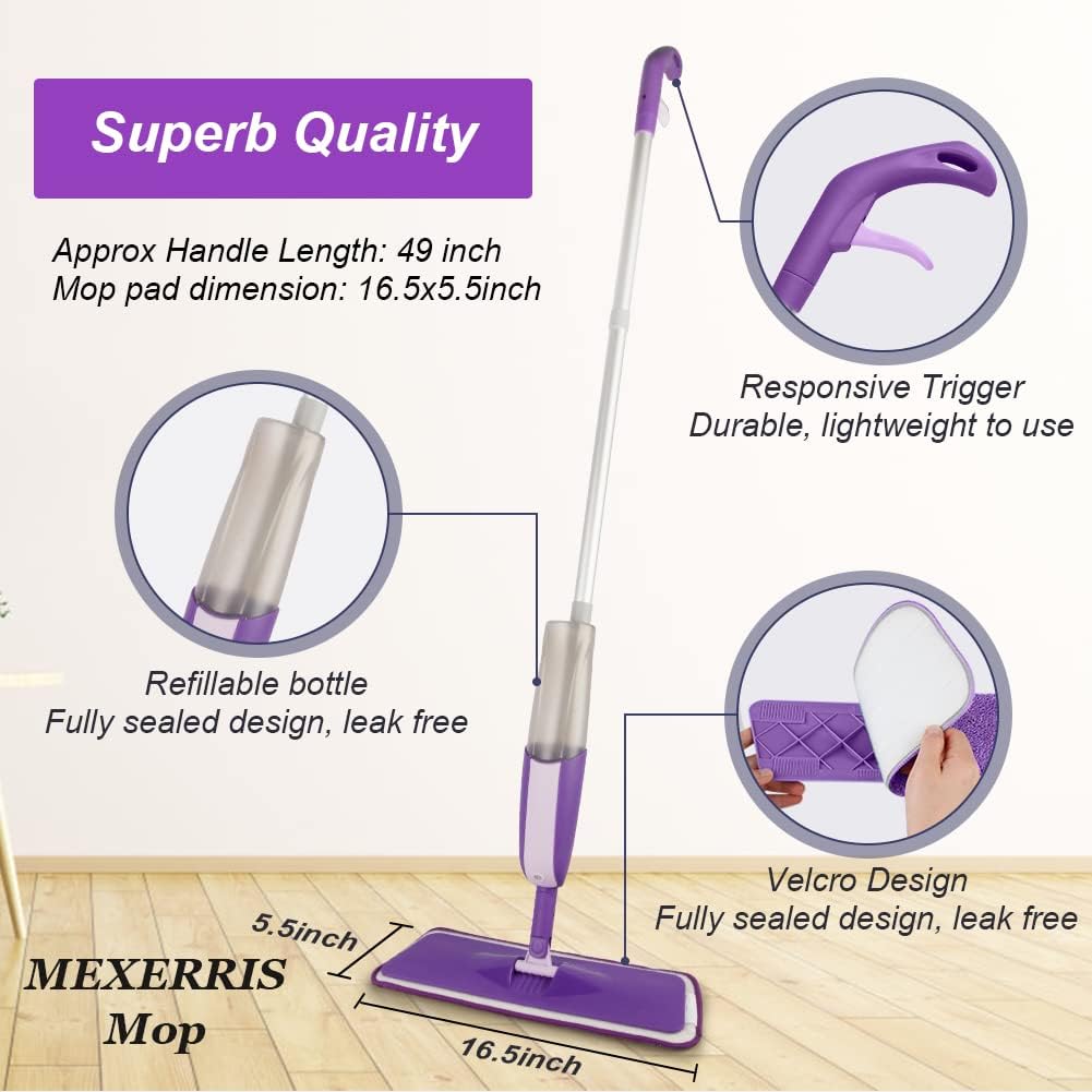 MEXERRIS Wischmopp mit Sprühfunktion, Sprühmopp, Bodenwischer für die Bodenreinigung mit 2 nachfüllbaren Flaschen und 3 waschbaren Pads, 360 Grad drehbarer Wischmopp für Laminat, Holz, Fliesen, Hartholz – Bild 3