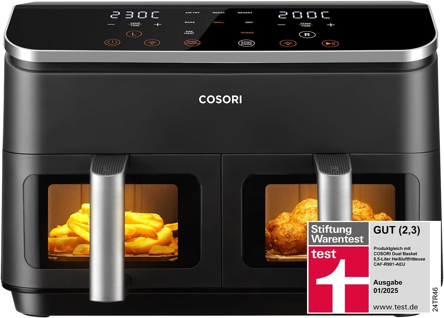 COSORI Heißluftfritteuse mit 2 Kammern, 8-in-1-Dual-Zone XXL 8,5 l, verfügt über ein Doppelkammer-Design mit Sichtfenstern für ausgewogene Mahlzeiten; Enthält 50 Rezepte, ist energiesparend und reicht für 1–5 Personen