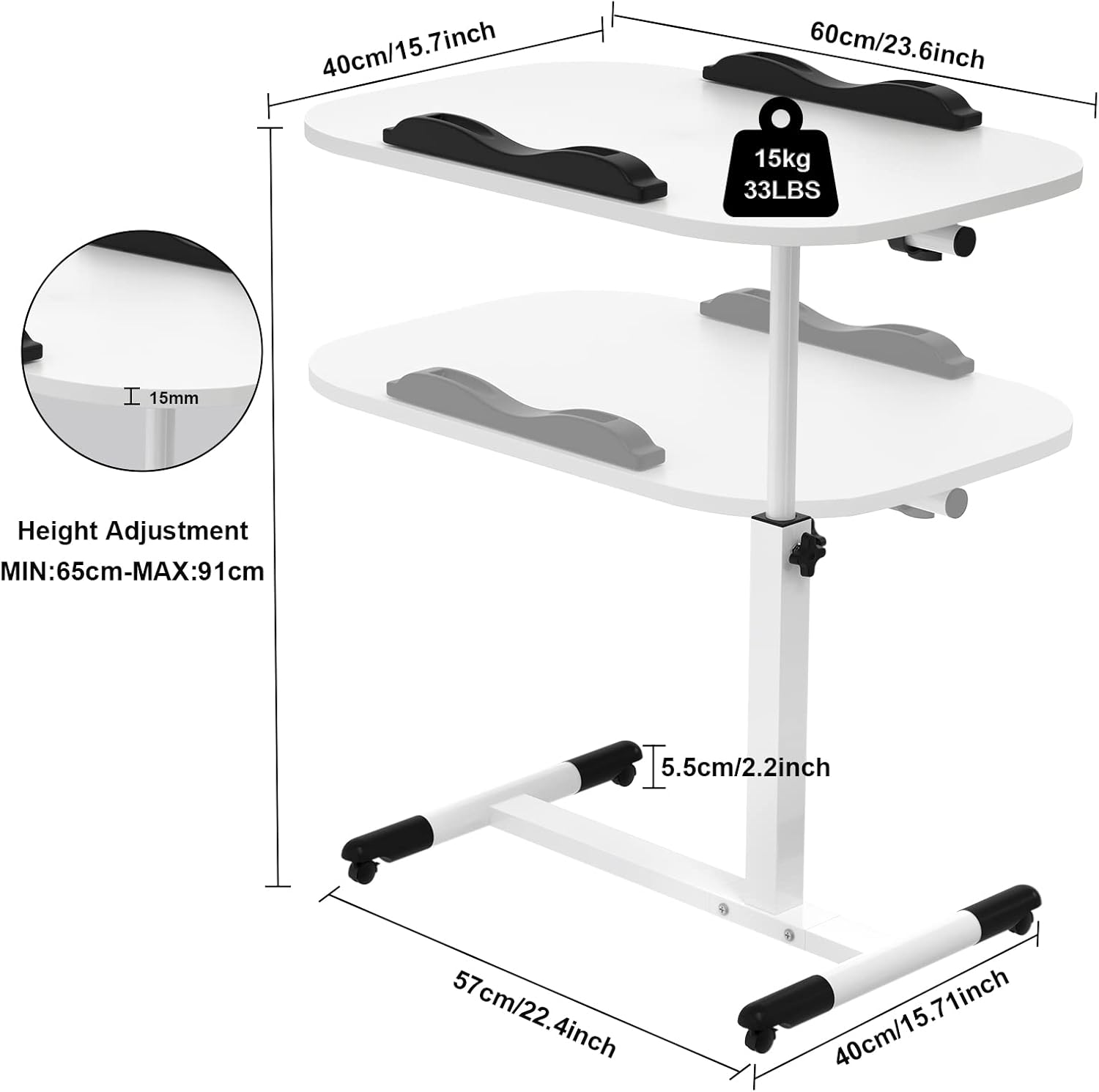 Kleiner Klapptisch, Beistelltisch auf Rollen, höhenverstellbar, Computertisch, mobiler Stehtisch, ergonomisch 360° drehbar (weiß, 60 x 40 x 61-95 cm) – Bild 3