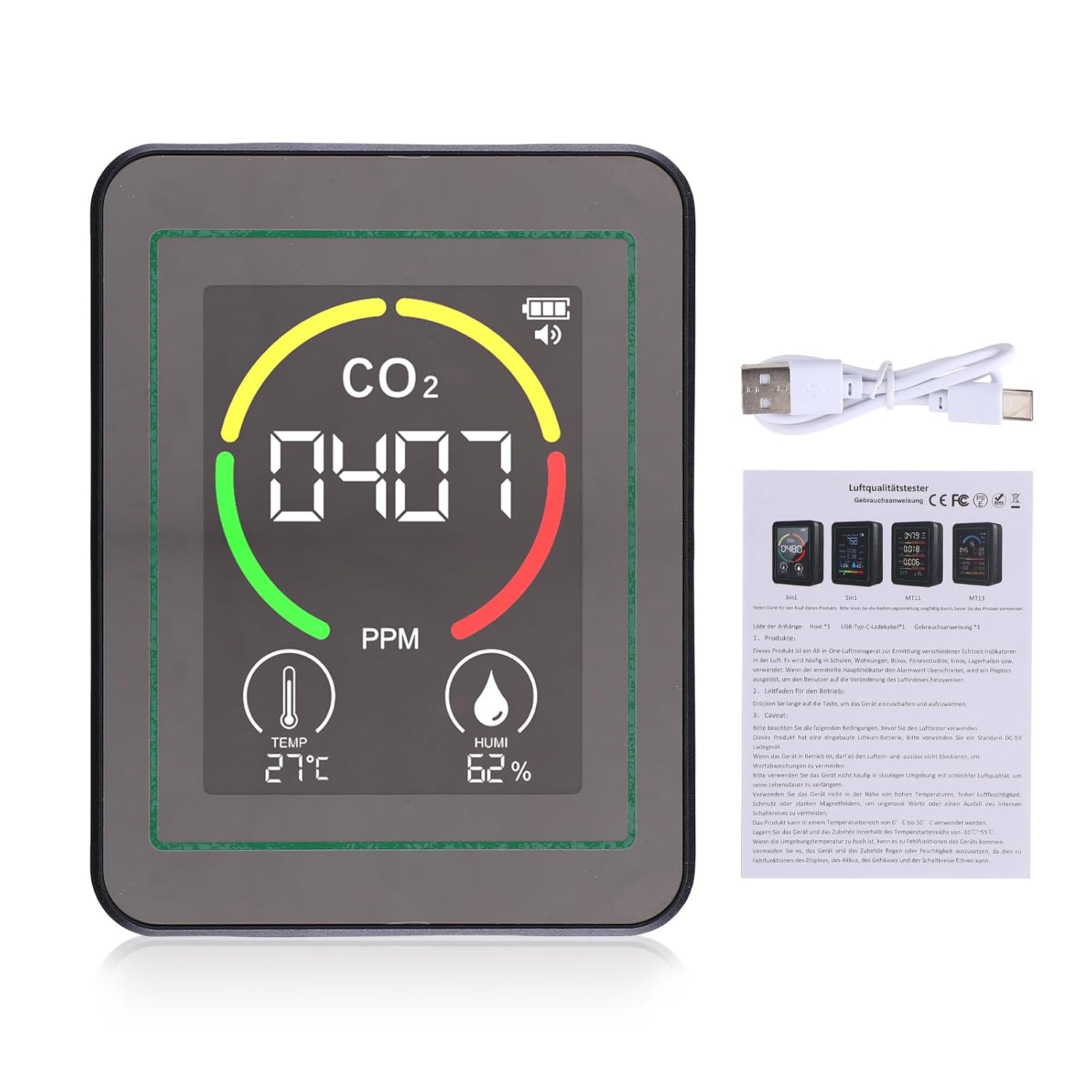 Eujgoov 3-in-1-Luftqualitätsmonitor-Detektormessgerät, CO2-Luftfeuchtigkeitstemperatur in Echtzeit, 2,8-Zoll-Farbbildschirm für das Fitnessstudio im Home Office (Schwarz)