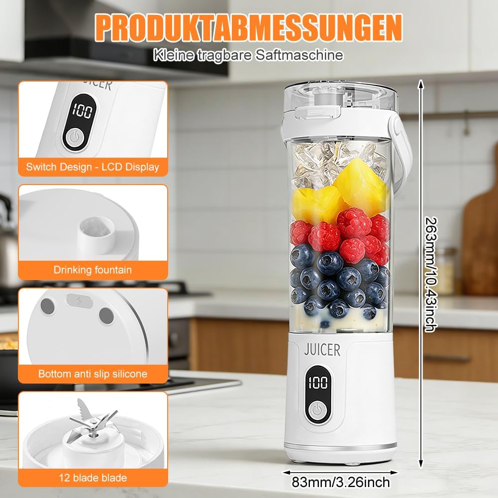 Tragbarer Mixer to Go, 600 ml Frischsaft-Mixflasche, Mini-Mixer und Smoothie-Maker mit 12 Klingen, kabelloser und wiederaufladbarer tragbarer Mixer für Fruchtsaft-Shakes, Smoothies, Babynahrung (weiß) – Bild 2