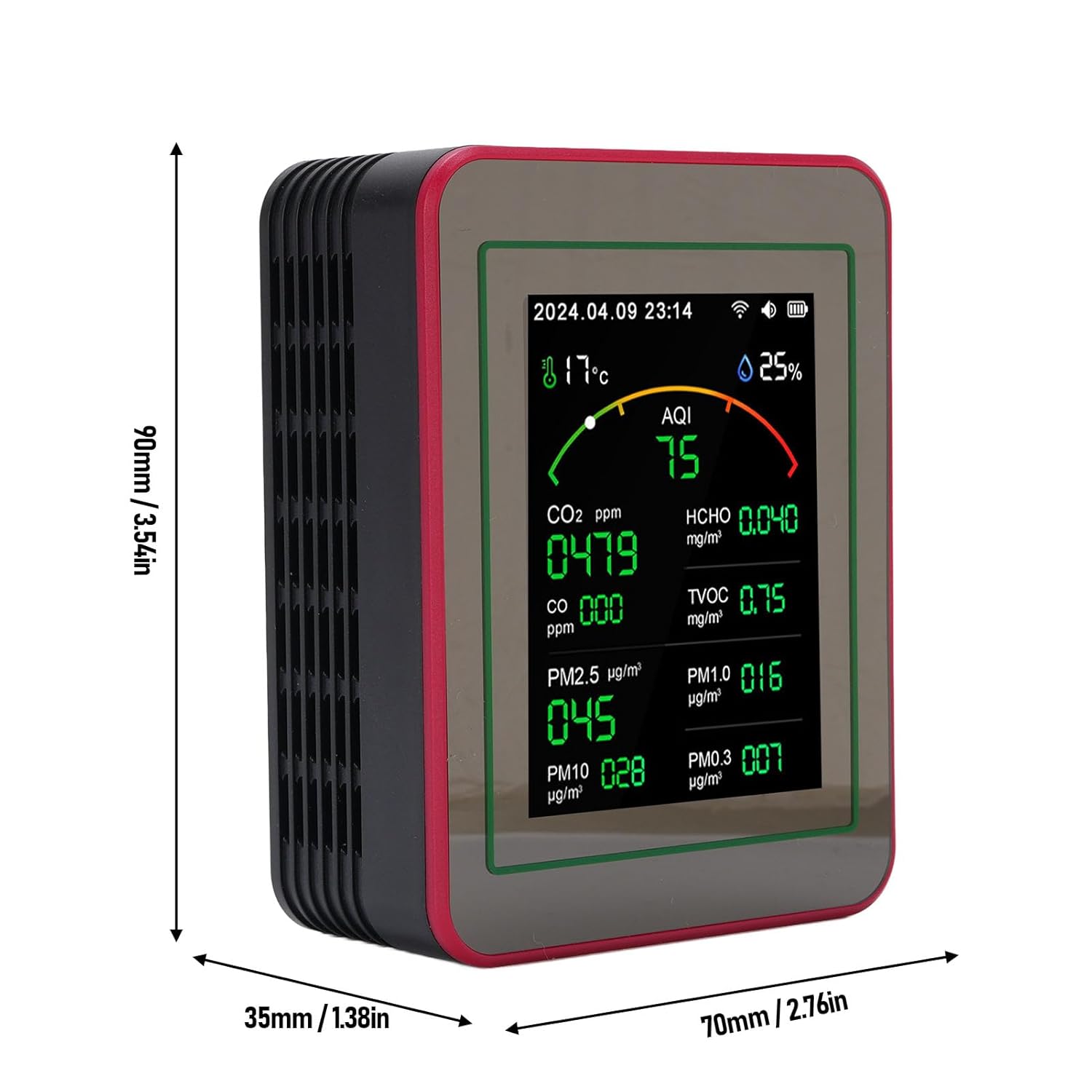 15-in-1-Luftqualitätsmonitor, tragbarer WiFi-Luftqualitätsmessgerät-Detektor mit CO2-TVOC-HCHO-PM2,5-Temperatur-Feuchtigkeitserkennung, 2,8-Zoll-LCD-Digitalanzeige für Zuhause (Schwarz + Rot) – Bild 8