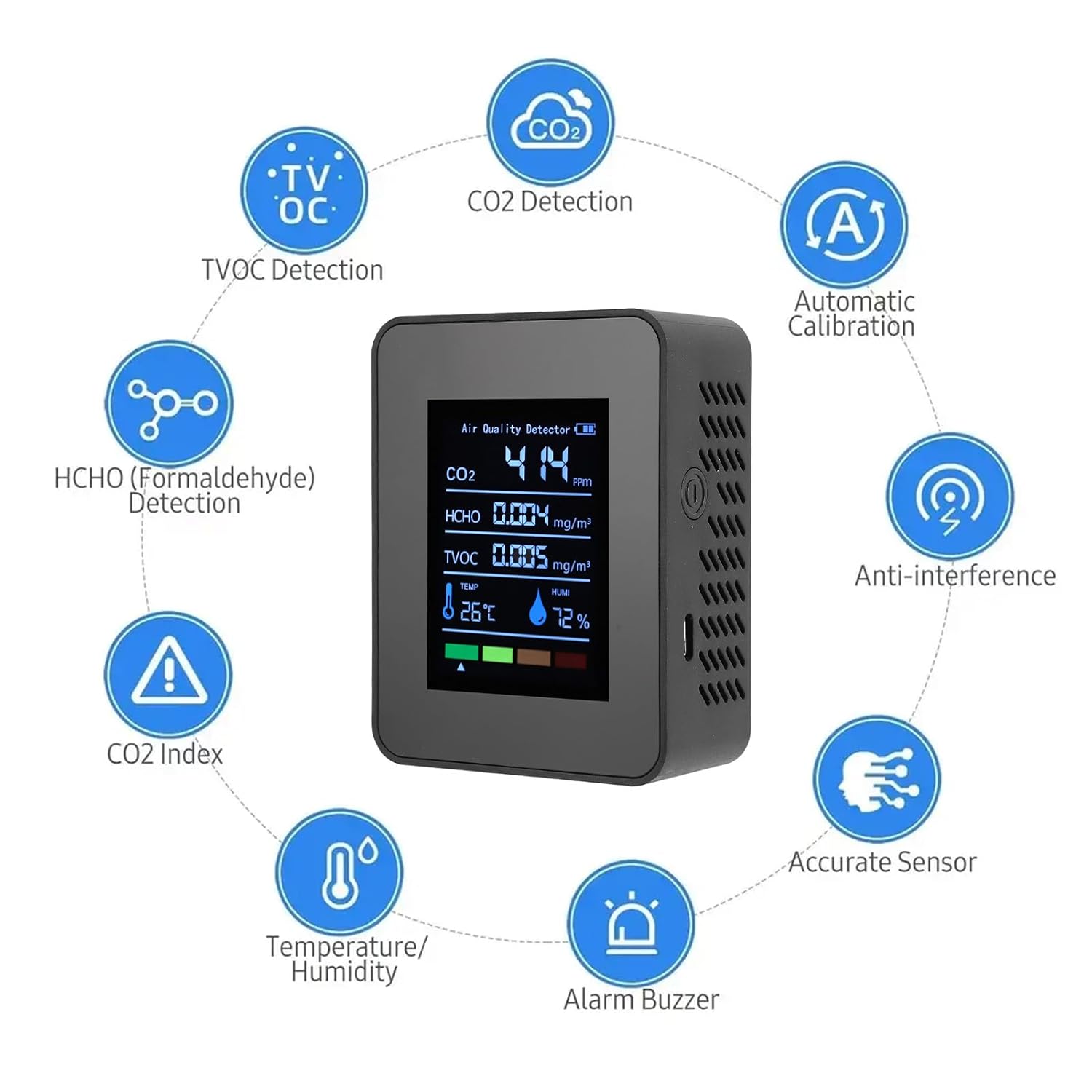 Luftqualitätsmonitor, 5-in-1-Messgerät für Raumluftqualität, CO2, TVOC, HCHO, Luftfeuchtigkeit, Temperatur, Echtzeitüberwachung, batteriebetrieben, für – Bild 6
