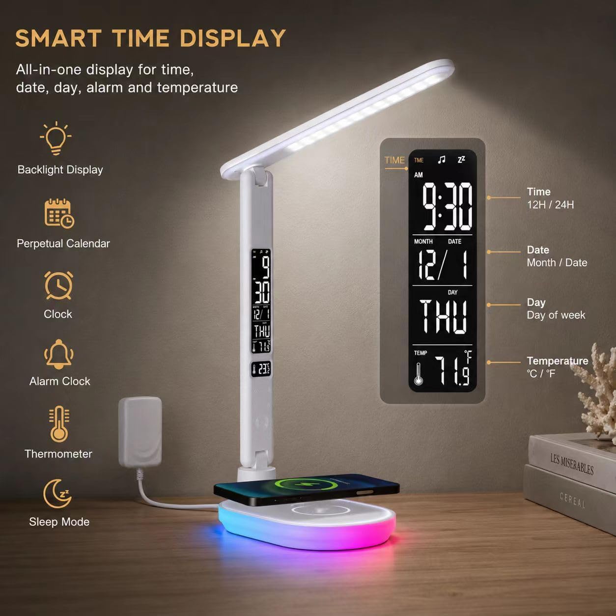 Schreibtischlampe LED dimmbar mit Ladefunktion Uhr, Tischlampe Touch dimmbar mit 3 Farbstufen und 5 Helligkeiten, Lampe mit USB-Anschluss, Uhr, Farbnachtlicht, LCD, Temperatur für Schlafzimmer, Büro (Weiß) – Bild 2
