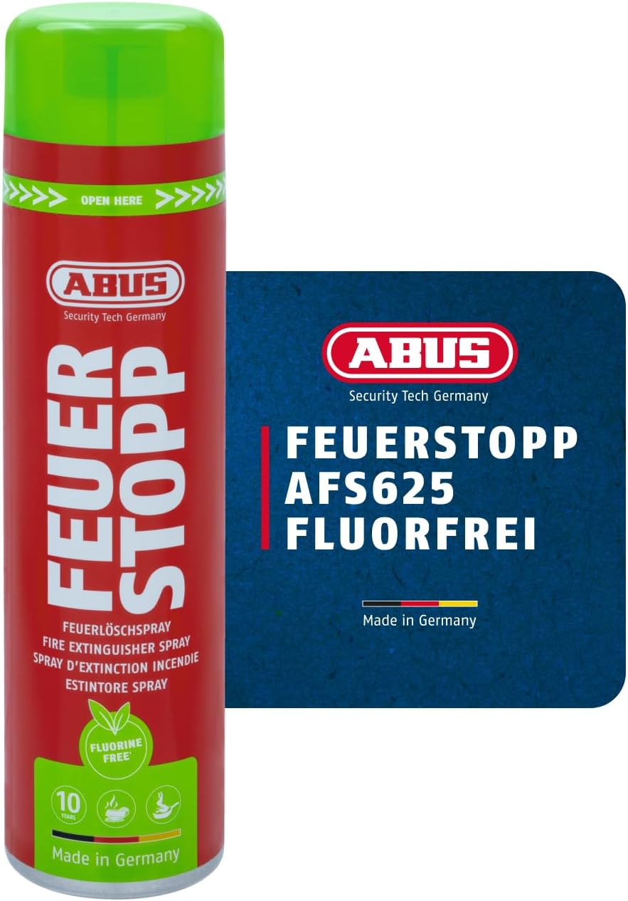 ABUS Feuerlöscher-Spray Fire Stop AFS625 fluorfrei – handlicher Feuerlöscher gegen Brandklassen 5A und 5F – langlebig – hergestellt in Deutschland – für Haushalt, Küche, Wohnmobil und Grill
