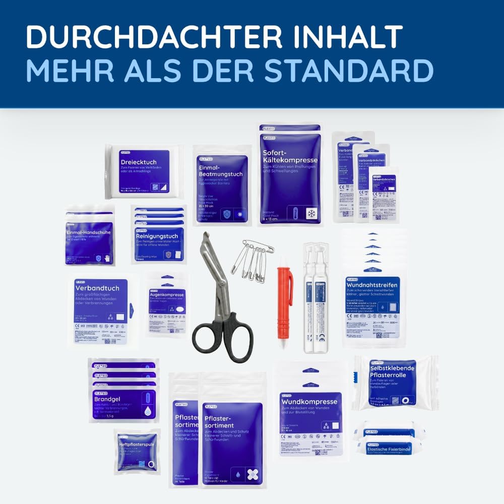 FLEXEO Erste-Hilfe-Set „Familie“ | 130-teilige Tragetasche | für Familien und Zuhause | inkl. Brandgel, Wundnahtstreifen und Augenspülung | Ideal als Hausapotheke, Vorsorge, für Haushalt mit Kindern – Bild 7