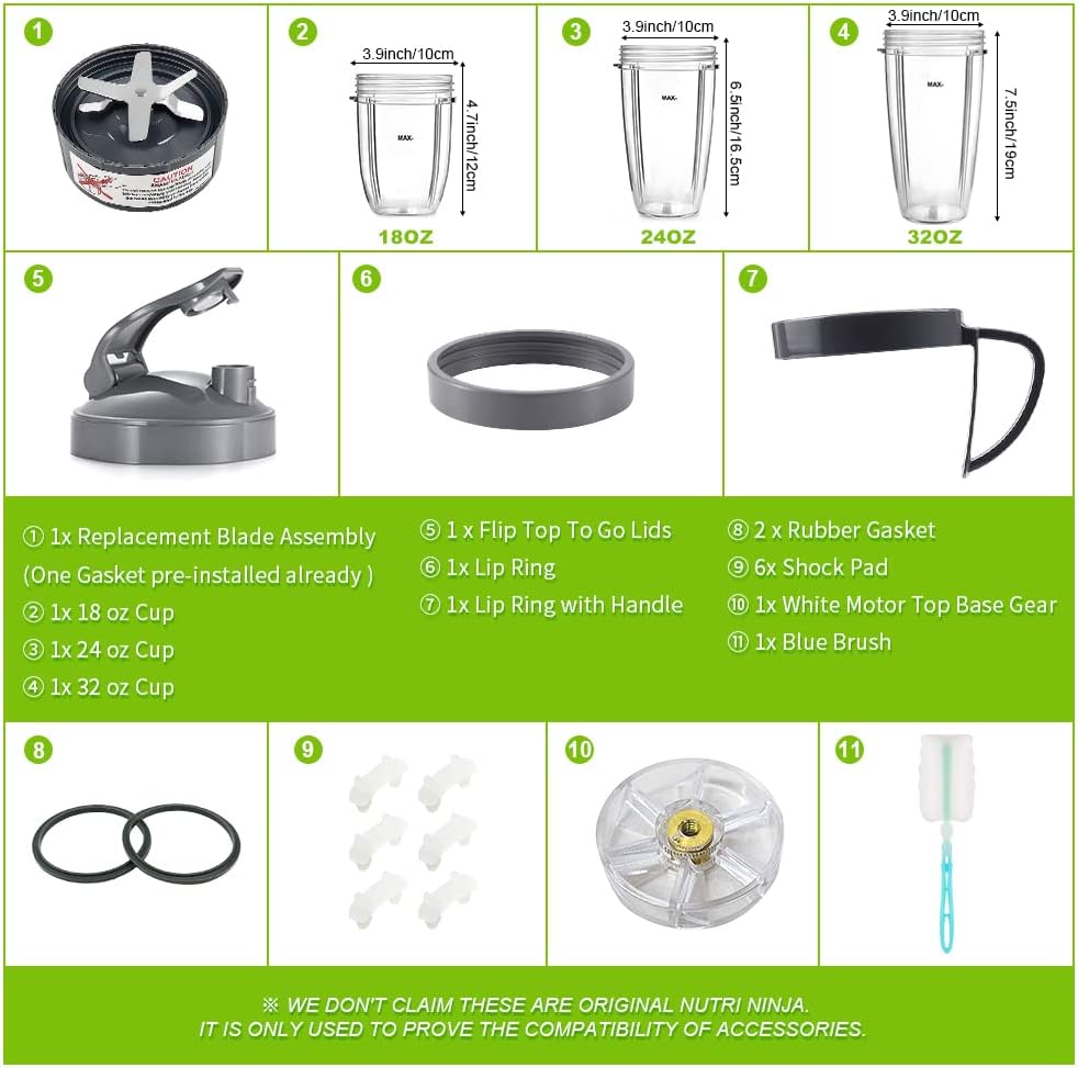 14-teilige Mixer-Ersatzteile, Absaugklinge und Becher für die NutriBullet 600w- und 900w-Serie, einschließlich Stoßdämpfer und Getriebe (1 Messer + 3 Becher + 1 Deckel) – Bild 2