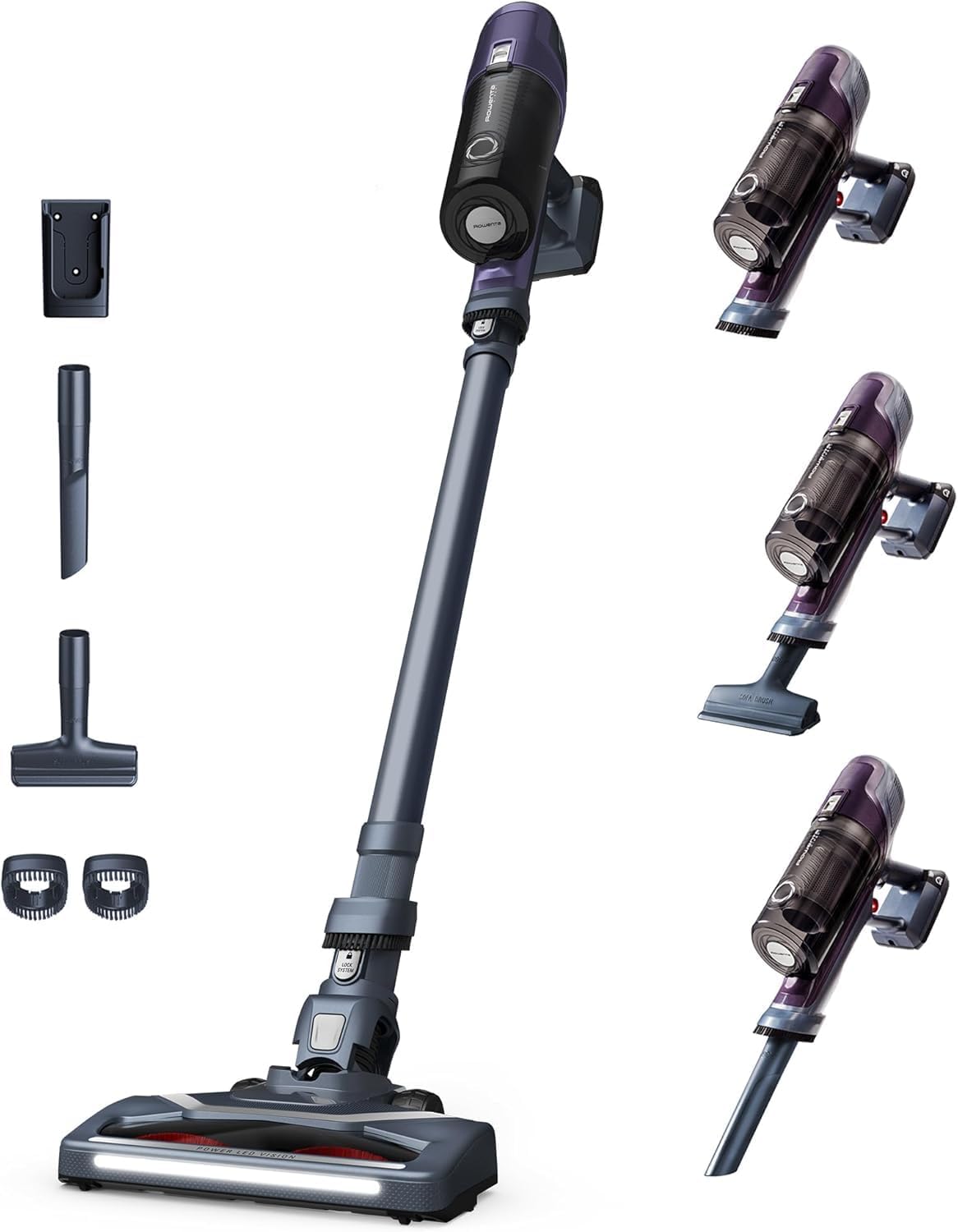 Rowenta X-Pert 6.60 Essential Akku-Staubsauger, 100 W Leistung, 45 Minuten Laufzeit, kabellos und beutellos, LED-Bürstenkopf, abnehmbarer Akku, inklusive Fugendüse und Wandhalterung, Lila/Schwarz, RH6838