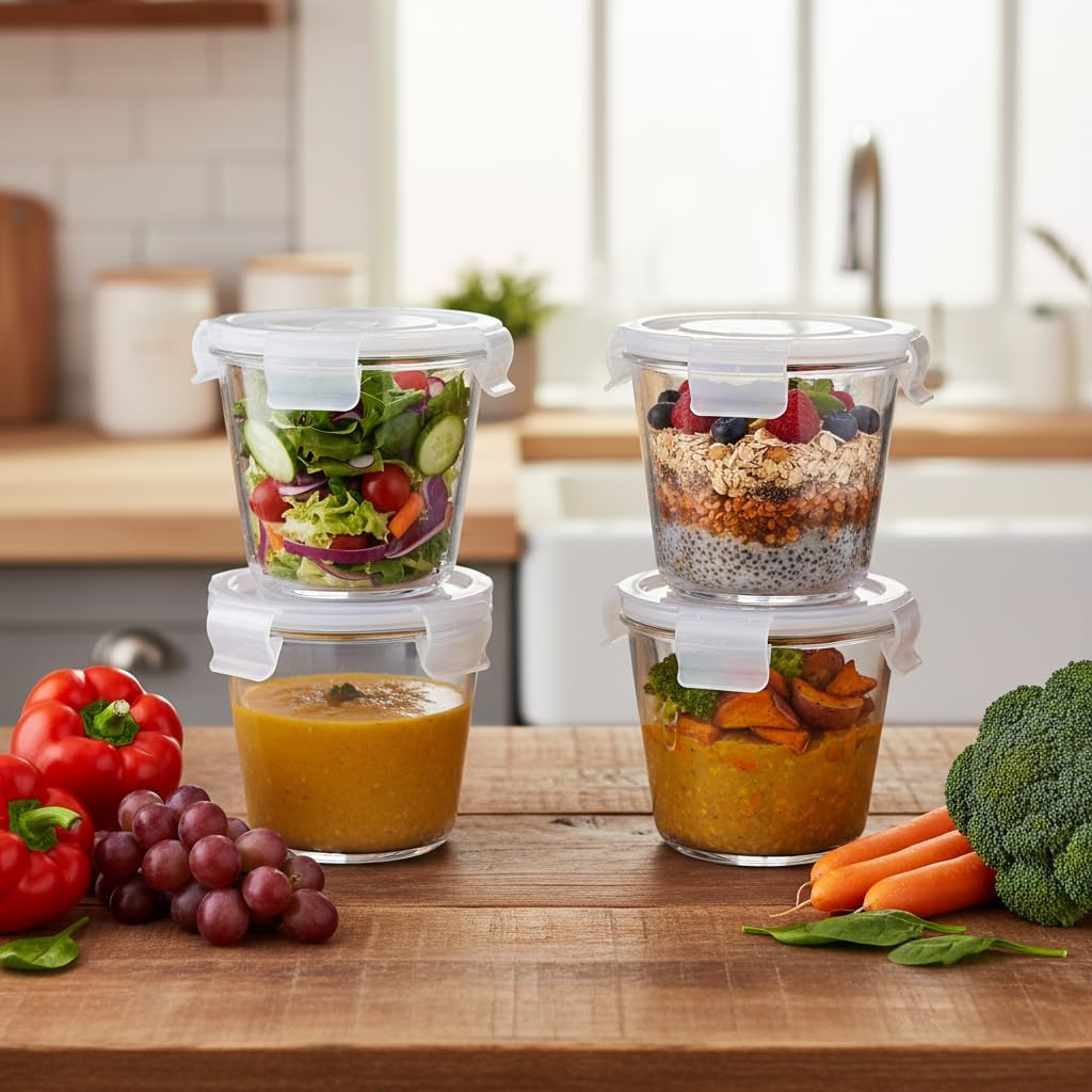 H.JSS WDJS Glasbehälter mit Deckel, runder Glasbehälter mit Deckel, stapelbar, Lebensmittelaufbewahrungsbehälter aus Glas, Meal-Prep-Gläser, Suppenbehälter mit luftdichten Deckeln, mikrowellen-, spülmaschinenfest (weiß, 710 ml) – Bild 6