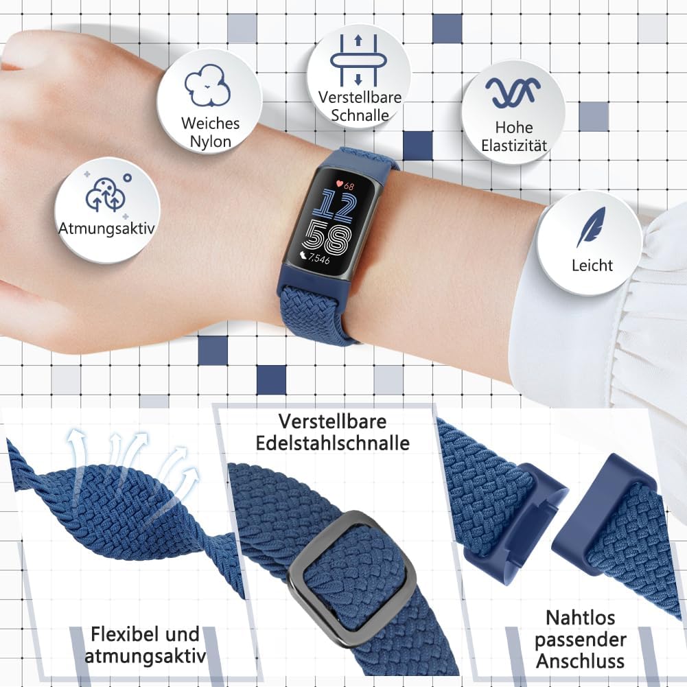 Elastisches geflochtenes Armband, nur kompatibel mit Fitbit Charge 6/Fitbit Charge 5, verstellbare Solo-Schlaufe, dehnbares Ersatzarmband aus Nylongewebe für Fitbit Charge 6/Charge 5 Damen Herren – Bild 2