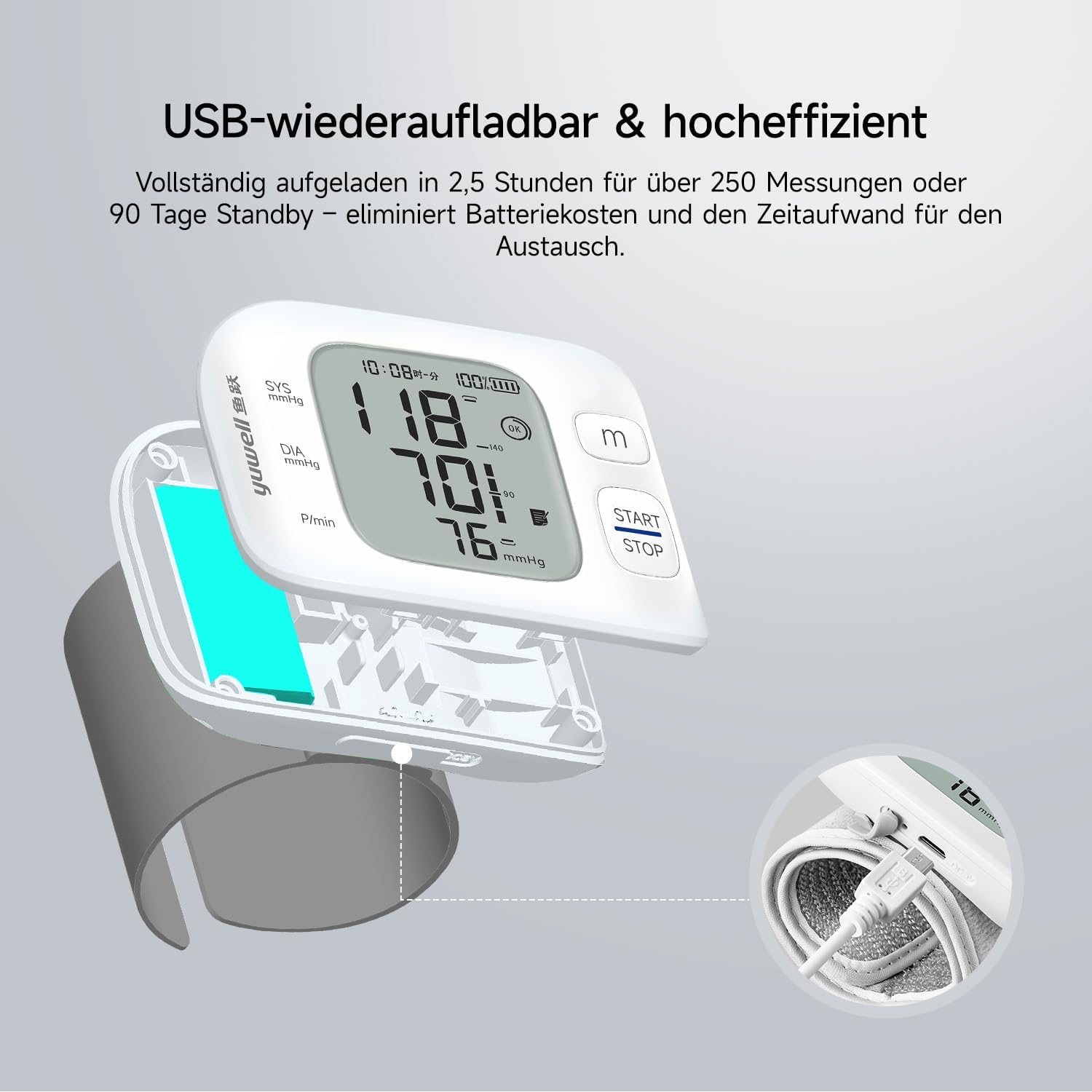 yuwell Wiederaufladbares Handgelenk-Blutdruckmessgerät für den Heimgebrauch, große Blutdruckmanschette, Blutdruckmessgerät mit unregelmäßigem Herzschlag, inklusive Reiseetui und USB-Kabel (YE8800CR) – Bild 3