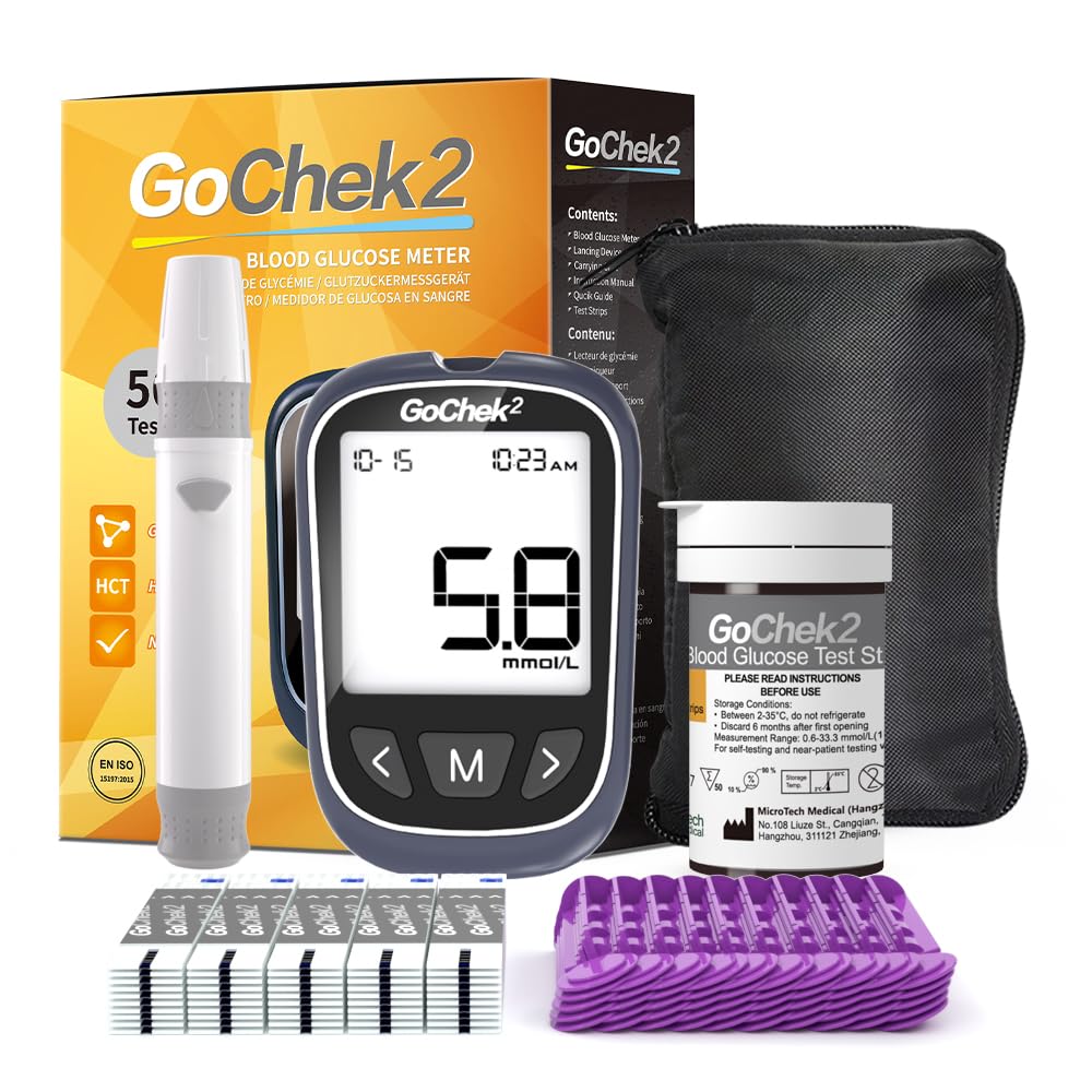 MicroTech Blutzuckermessgerät-Set, 50 Streifen und Lanzetten, keine Codierung, 500 Speicher, breiterer HCT für die Familie (mmol)