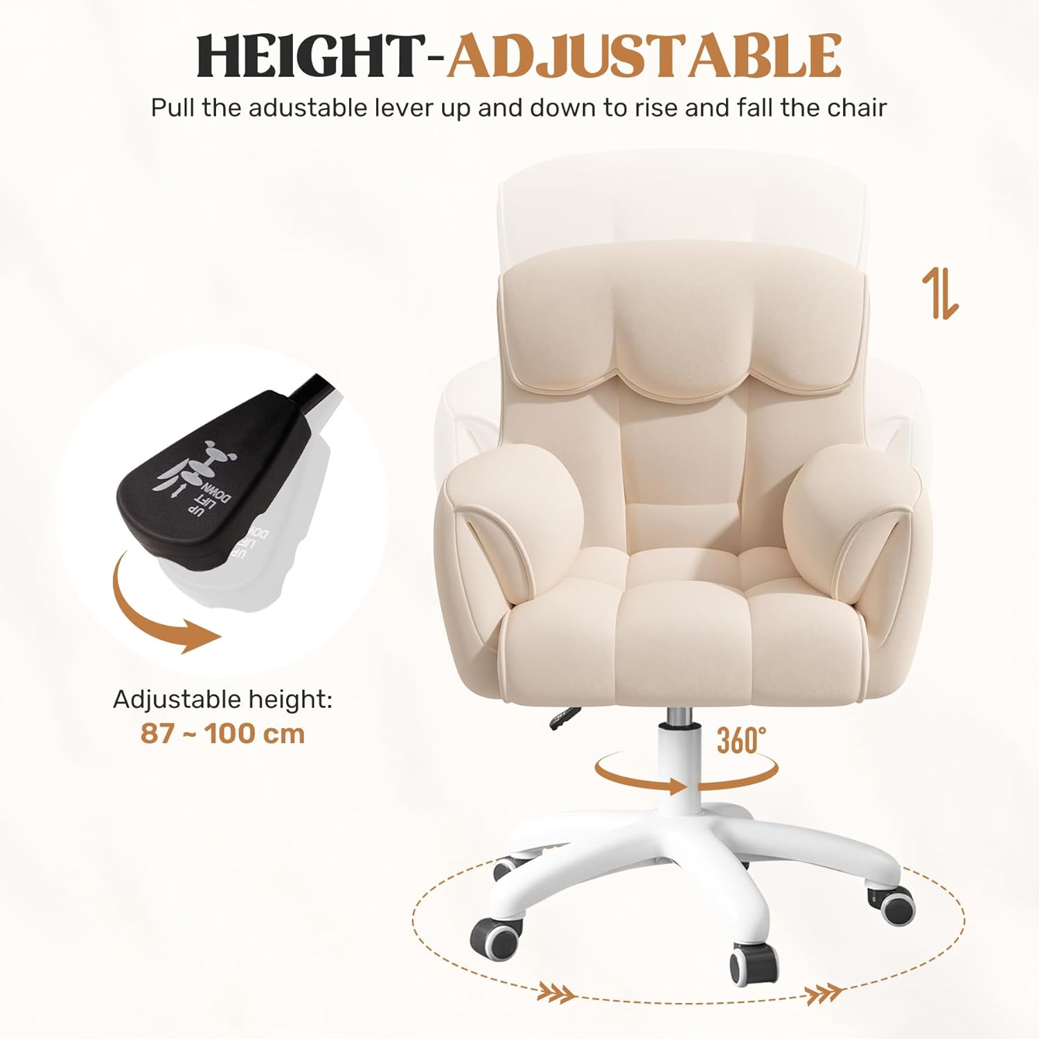 Ergonomischer Bürostuhl, höhenverstellbarer Schreibtischstuhl mit Armlehnen, 360° drehbar, Samtbezug, für Home Office und Büro, belastbar bis 150 kg, Beige – Bild 6
