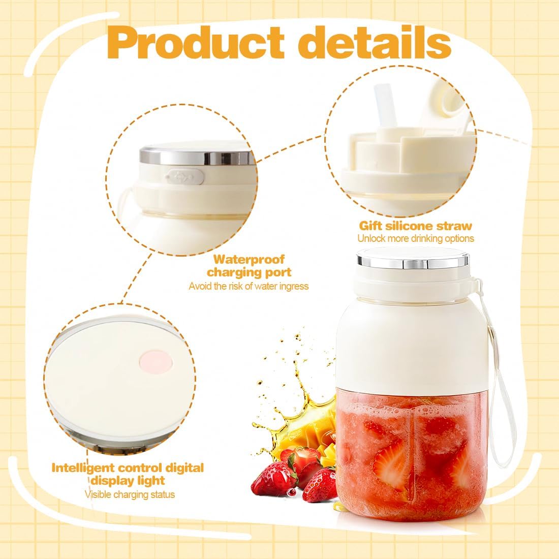 LOMUG Mini Tragbarer Mixer, Smoothie Maker To Go, 1300 ml Becher mit auslaufsicherem Deckel, USB wiederaufladbarer Standmixer Mixer mit 38 Klingen, Frischsaft-Mischflasche für Reisen, Büro, Sport, Camping – Bild 3