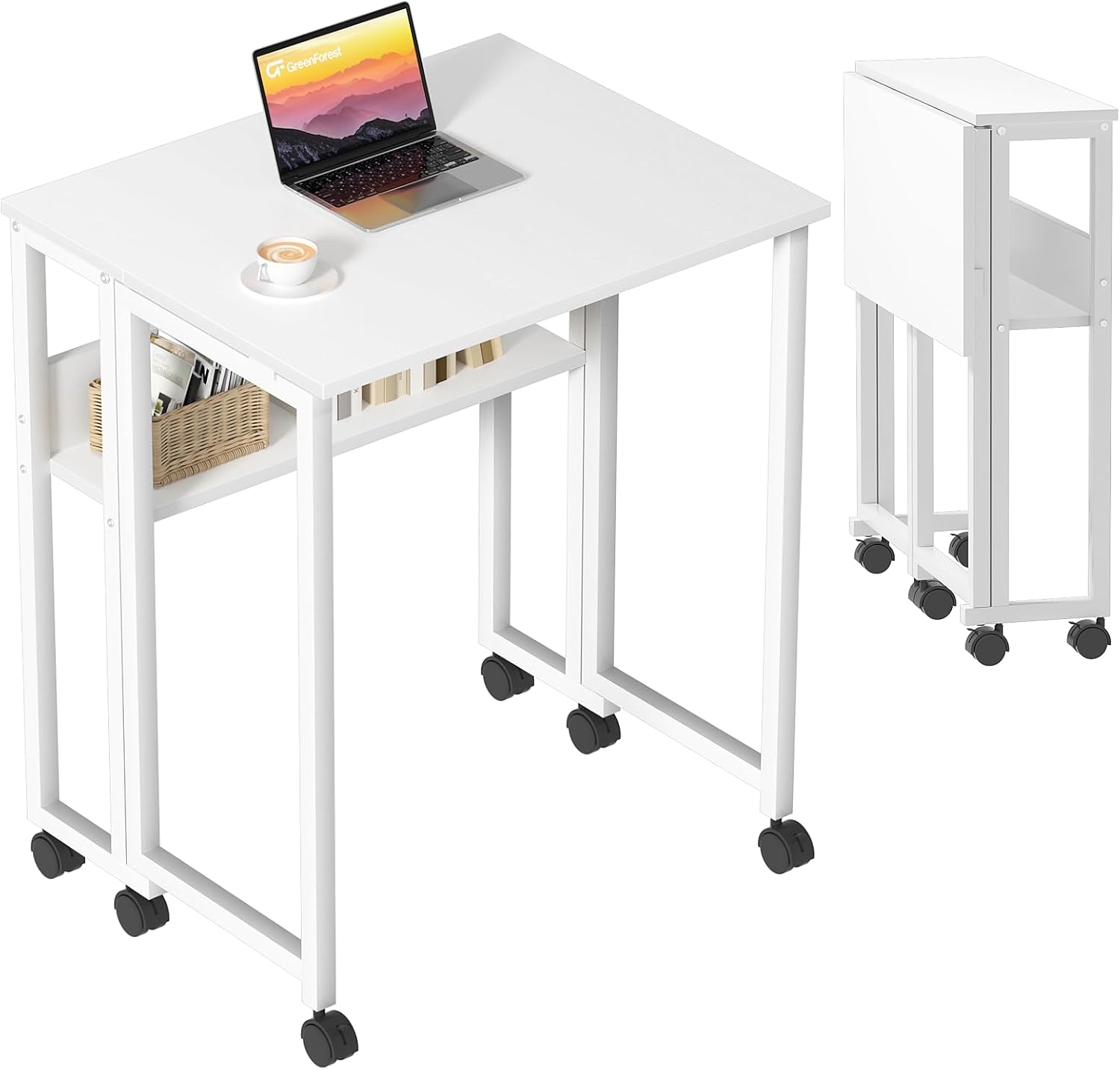 GreenForest Kleiner Klappschreibtisch, 80 cm Klappschreibtisch mit Rollen, einfacher Aufbau, Klappschreibtisch mit Stauraum, Home-Office-Klapptisch, Weiß
