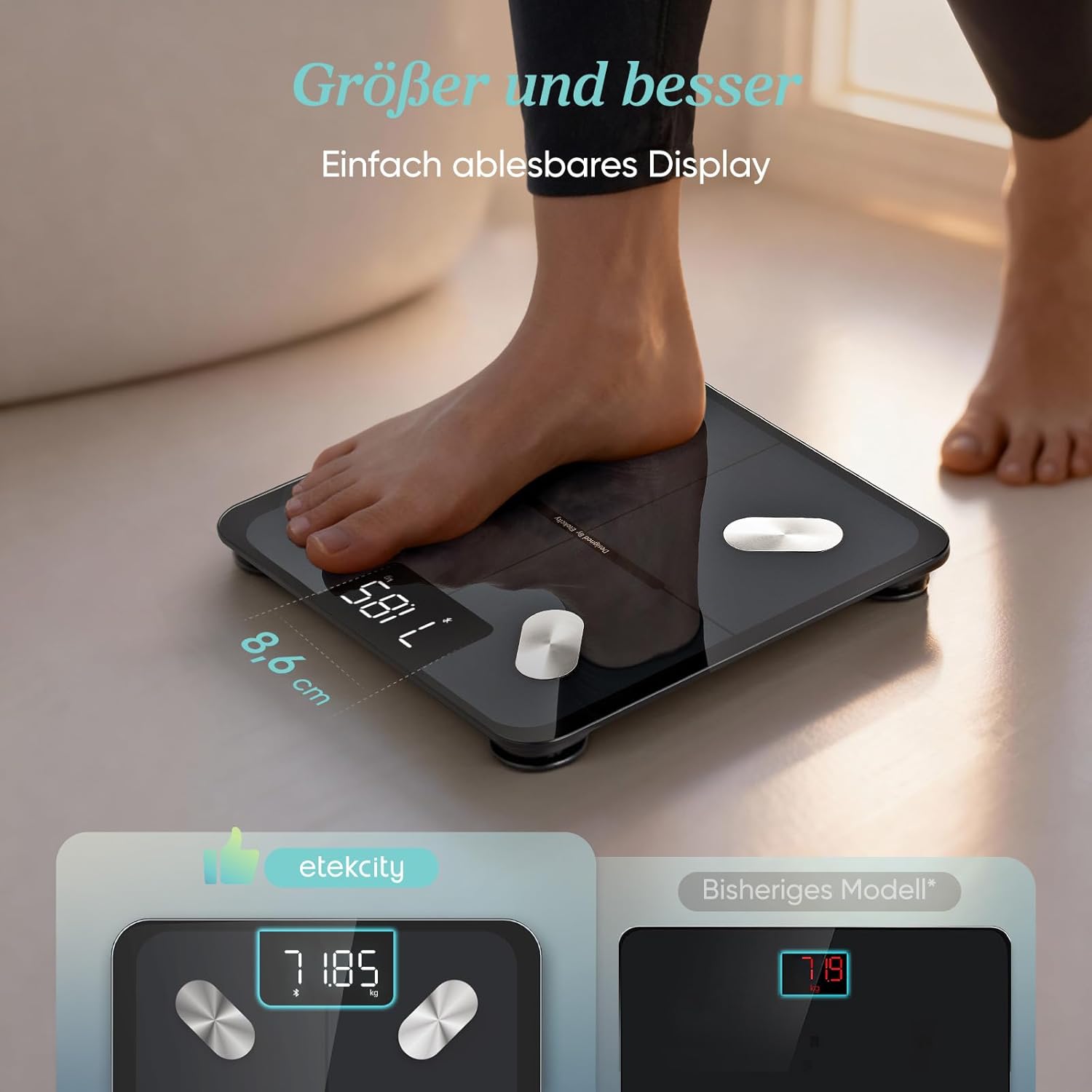 Etekcity Körperfettwaage - Personenwaage Digital mit 0,02 kg Genauigkeit - Bluetooth mit App für Fitness - Körperwaage zur Messung von Körperfett,BMI,Muskelmasse,Protein,BMR-Tiefschwarz-28 x 28 cm – Bild 5