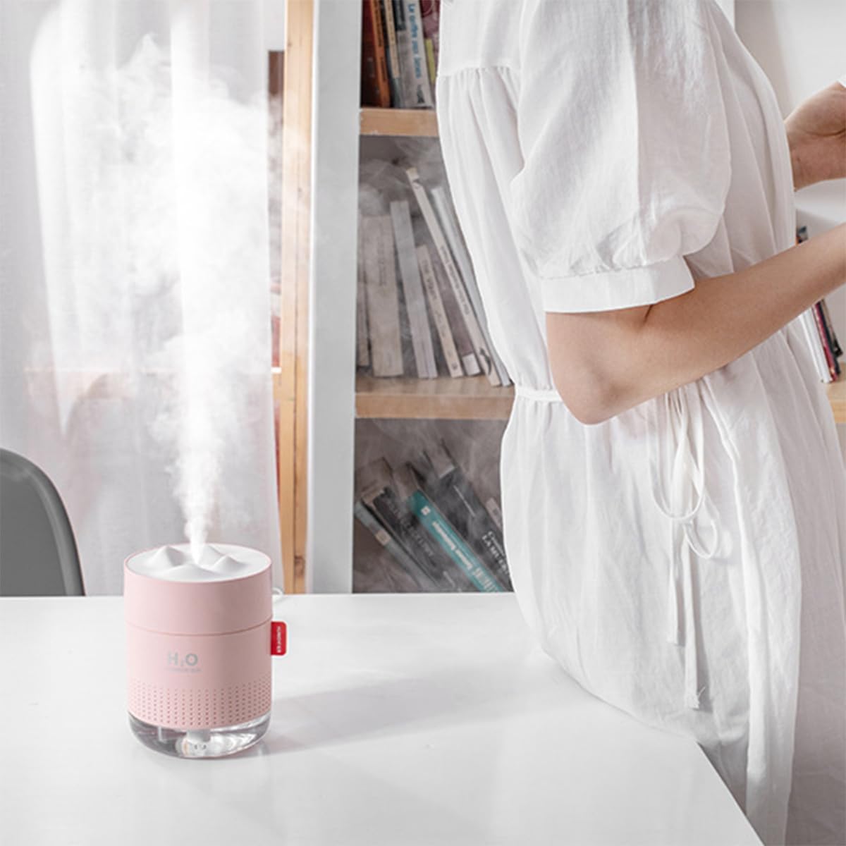 USB wiederaufladbarer Mini-Luftbefeuchter mit LCD-Stimmungsbeleuchtung, 500 ml, tragbarer Luftbefeuchter für Schlafzimmer, Büro, Pflanzen, 12 Stunden Laufzeit, leiser Nebel (Pink) – Bild 6