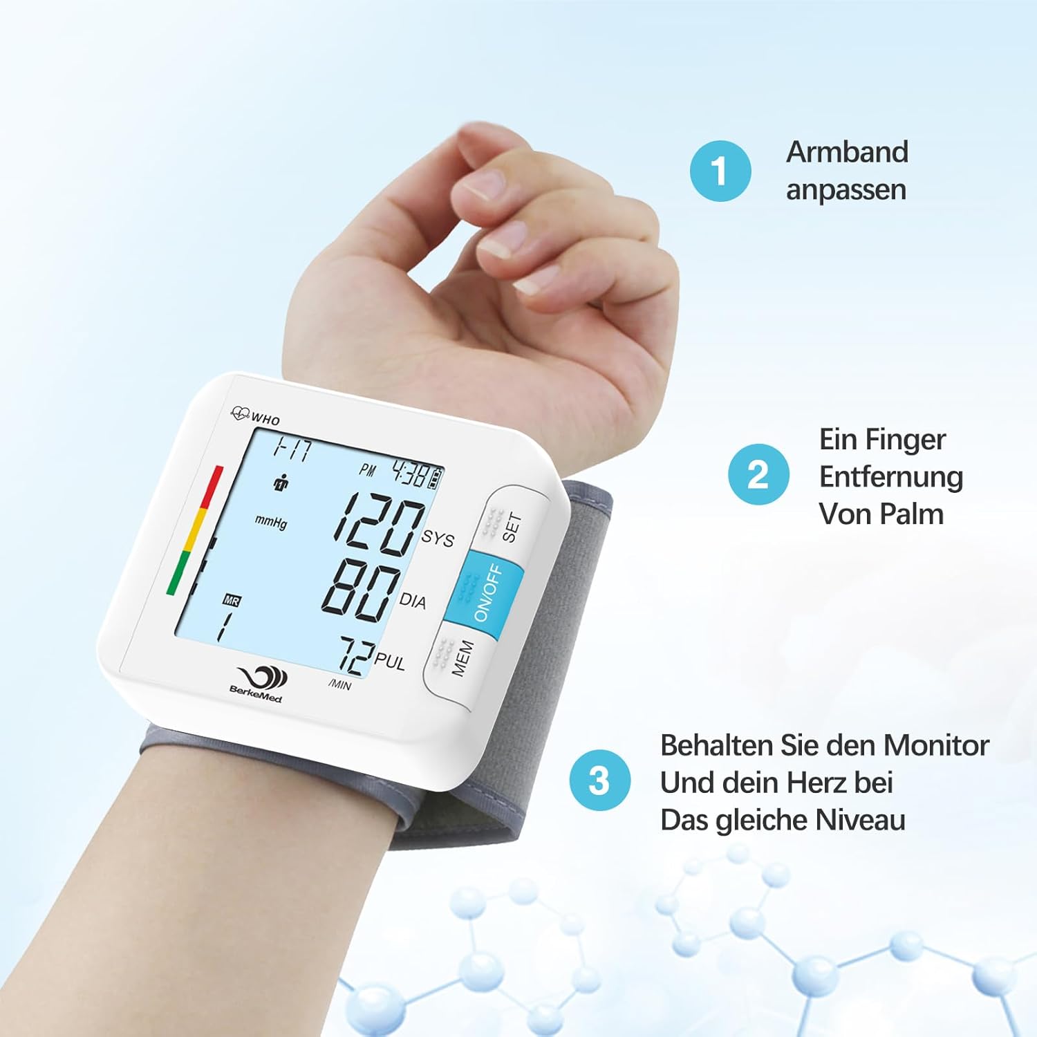 Blutdruckmessgerät Handgelenk, vollautomatischer Blutdruck, 2 x 99 Speicher, großes LED-Display mit Arrhythmie-Erkennung, genaue Messung, Manschettensitzkontrolle (weiß) – Bild 3