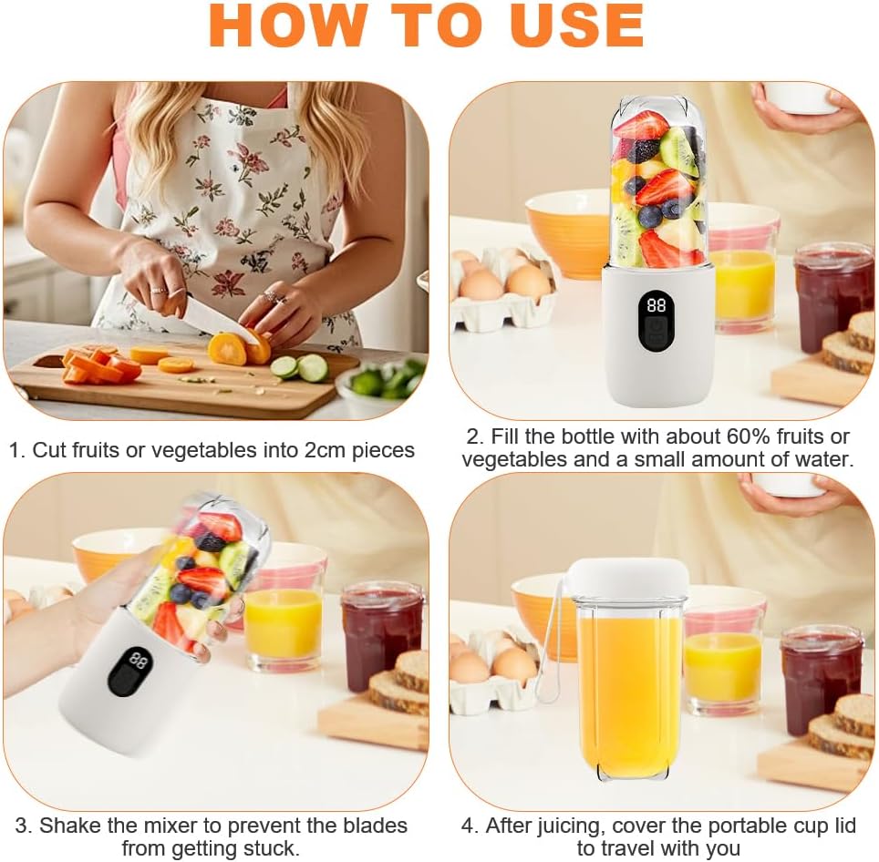 Tragbarer Mixer, 500 ml Smoothie Maker, 16 Blatt tragbarer elektrischer Entsafter, Mini-Mixer 1200 mAh, Smoothie Maker to Go mit Digitalanzeige für Babynahrung, Saft, Marmelade, Shake, Smoothie, Weiß – Bild 7