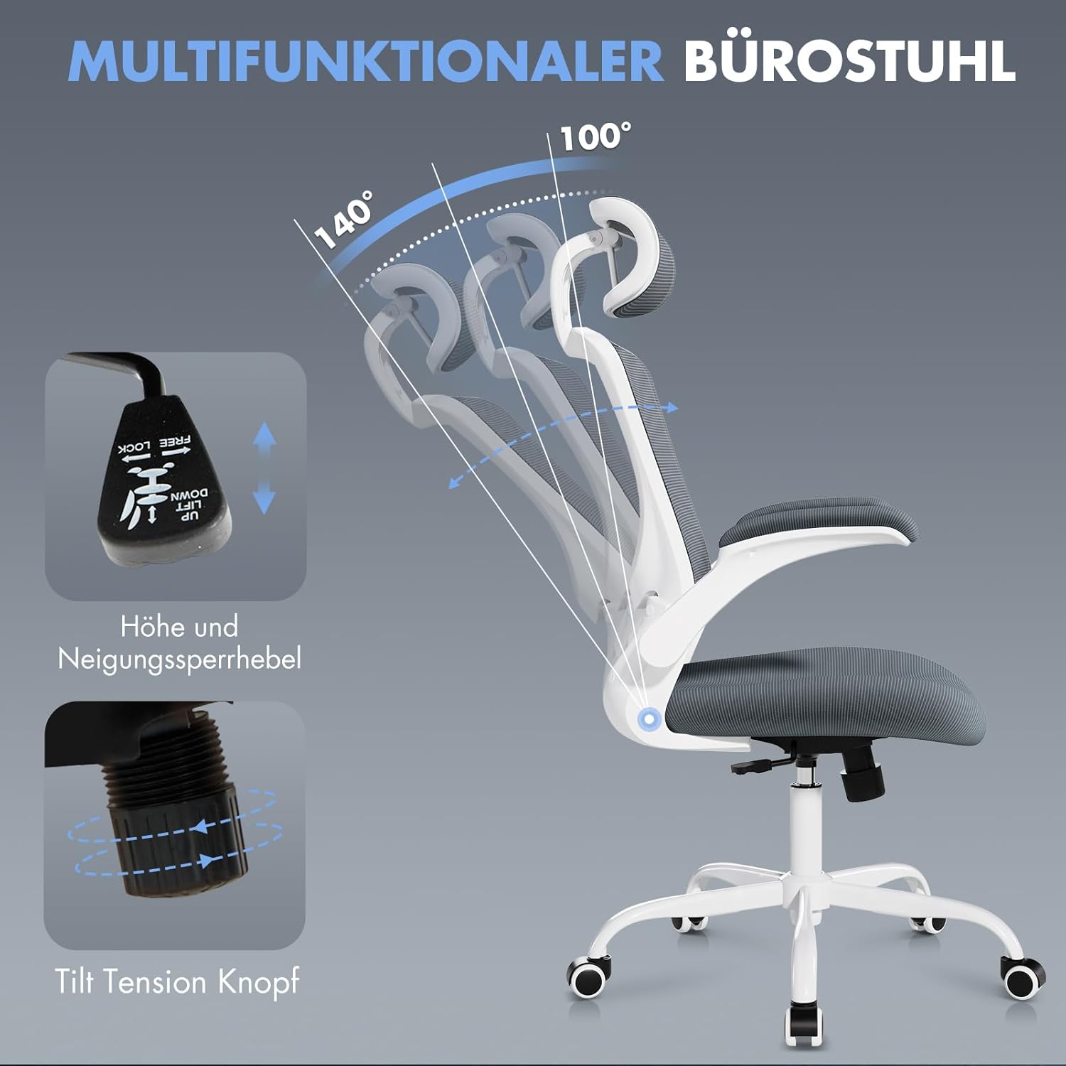 COLAMY Bürostuhl, Netz-Computerstuhl mit verstellbarer Kopfstütze und Lordosenstütze, ergonomischer Arbeitsstuhl mit hochklappbarer Armlehne, 140°-Wippfunktion, Grau – Bild 5