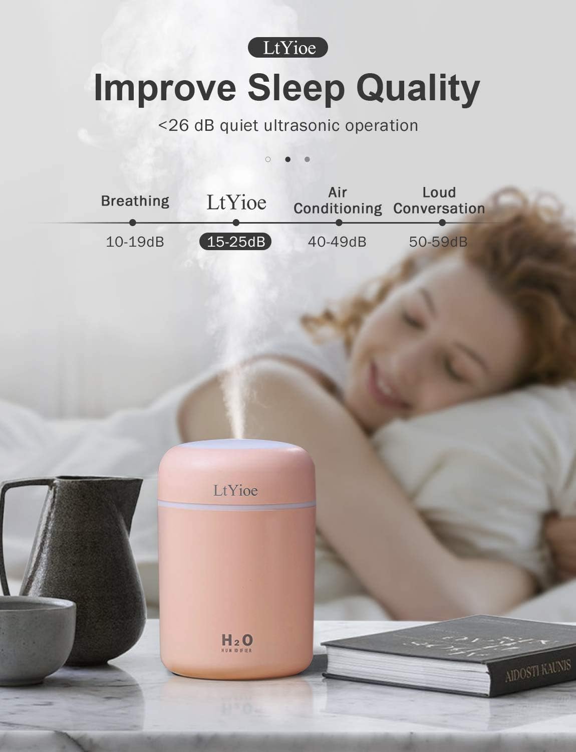 LtYioe Luftbefeuchter, persönlicher Desktop-Mini-Luftbefeuchter mit bunter, kühler Nachtlichtfunktion, automatischer Abschaltung und superleise für Auto, Büro, Schlafzimmer (Pink) – Bild 5