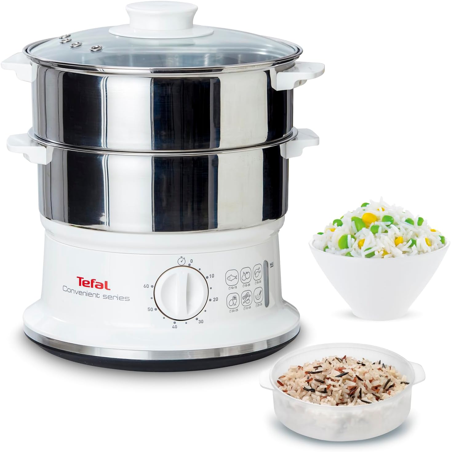 Tefal VC1451 Practical Series Dampfgarer (Volumen: 6 L, Timer, 2 Behälter, Wasserstandsanzeige), Weiß/Edelstahl