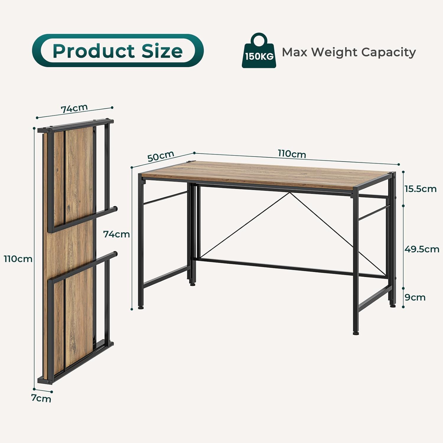 Dripex XXL Klappschreibtisch, 110 x 50 cm, klappbarer Computertisch mit Stahlrahmen, platzsparender PC-Tisch, wasserdichte Tischplatte für Zuhause, Büro, Arbeitszimmer (Eiche) – Bild 5