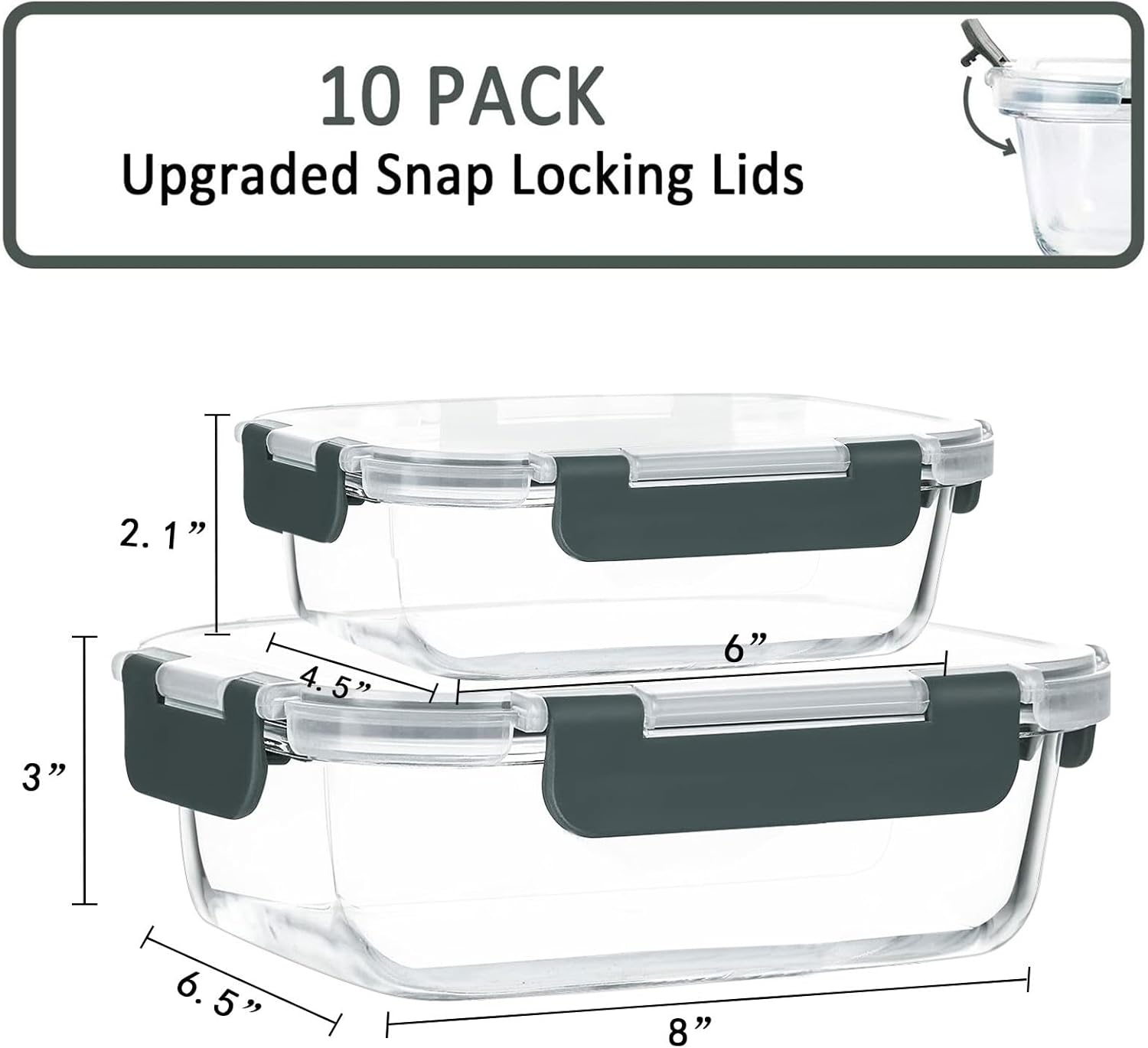 MCIRCO 20-teiliges Frischhaltedosen-Set aus Glas, 10 Behälter, 10 transparente Deckel, spülmaschinen-, mikrowellen- und gefriergeeignet, auslaufsicher, BPA-frei – Bild 2
