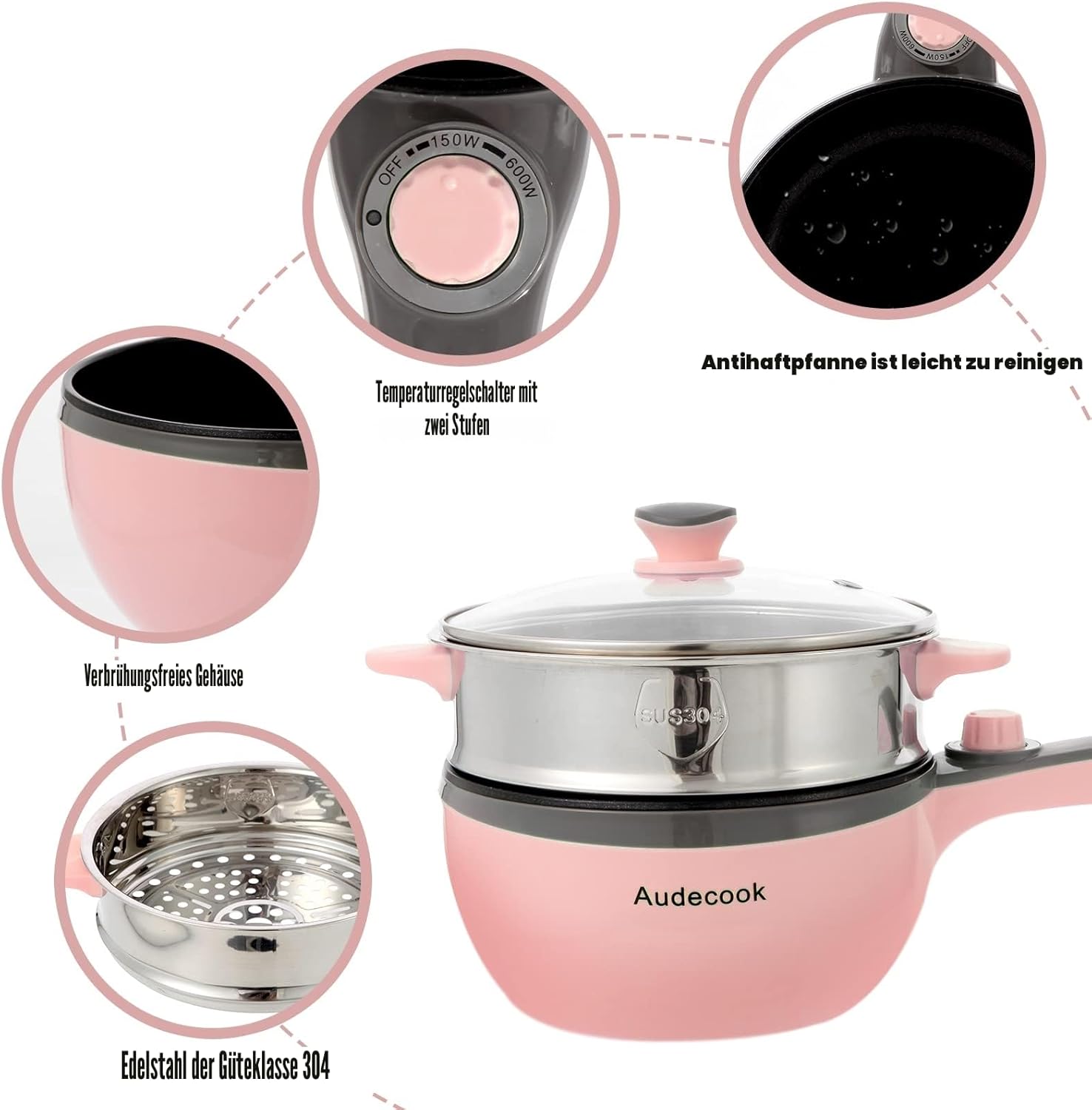 Audecook Elektrischer Hot Pot mit Dampfgarer, 1,5 l/20 cm elektrische Bratpfanne, Hotpot-Topf, antihaftbeschichtete Mini-Elektropfanne, Multikocher für Dorm Ramen, Steak (C (Rosa/1,5 l mit Dampfgarer)) – Bild 3