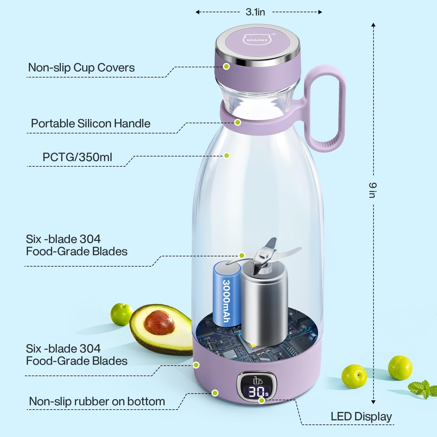 Tragbarer Mixer, MIAOKE 6-Klingen-Entsafterbecher für Saft, Shakes und Smoothies, 350 ml Mini-Mixer mit LED-Anzeige, USB wiederaufladbar, 3000 mAh wiederaufladbarer Akku, für Zuhause, Sport, Outdoor – Bild 5