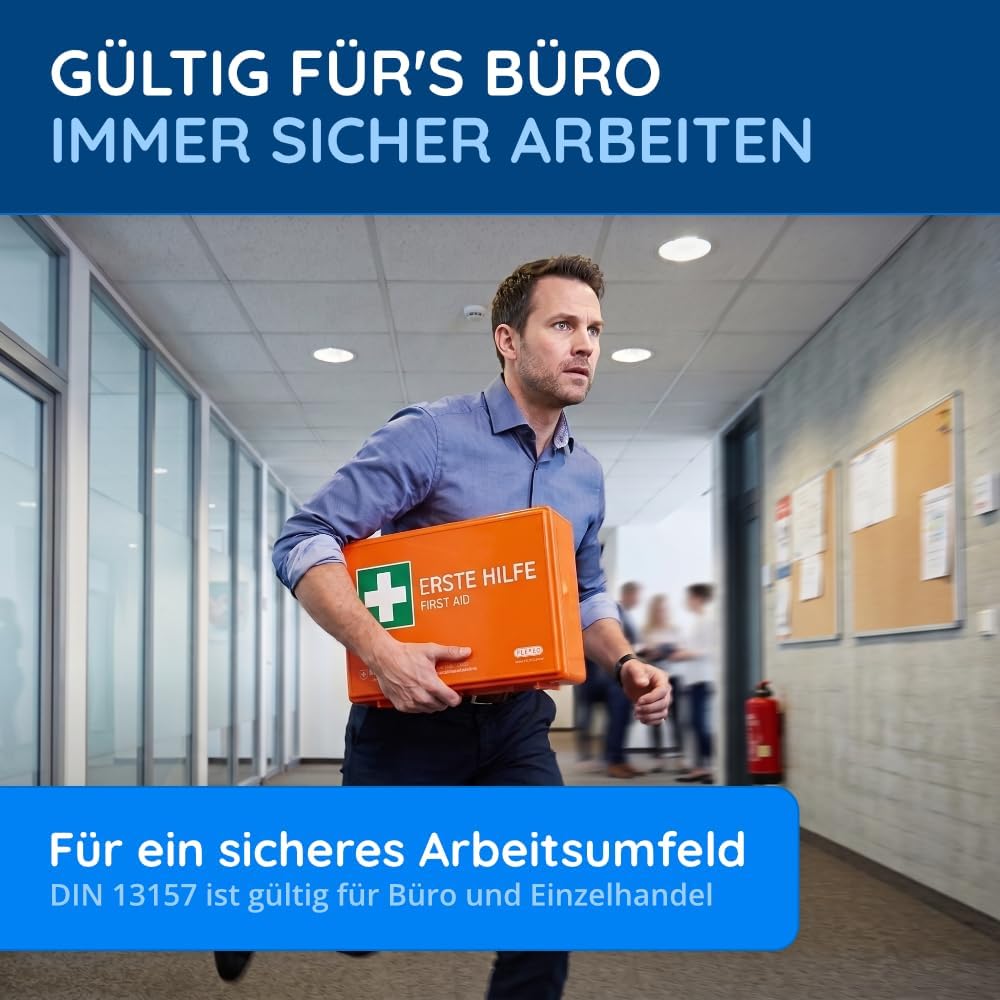 FLEXEO Erste-Hilfe-Set C nach aktueller DIN 13157 | mit Wandhalterung/Wandmontage | Betriebsapotheke / Verbandskasten für Betriebe, Büros und Baustellen gemäß ASR | Orange – Bild 6