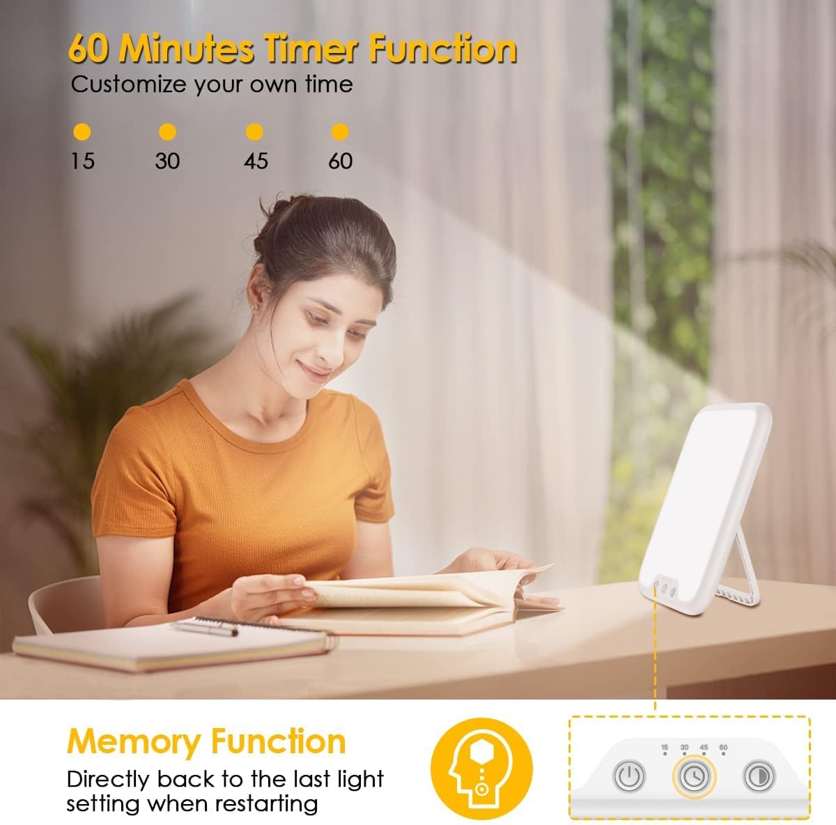 VTHW Tageslichtlampe, 10000 Lux Lichttherapielampe mit Memory-Funktion, 4 Timer, 3 Lichtfarben, Sonnenlichtlampe mit Tastensteuerung, stufenloses Dimmen, 90°-Halterung, für Zuhause/Büro – Bild 3