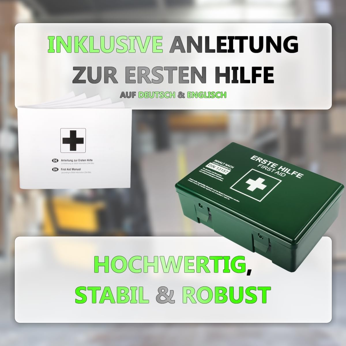 Erste-Hilfe-Set mit Inhalt, Wandhalterung, 5 x Aufkleber nach DIN 13157, Erste-Hilfe-Set für den Baustellen-Bürobetrieb – Bild 3