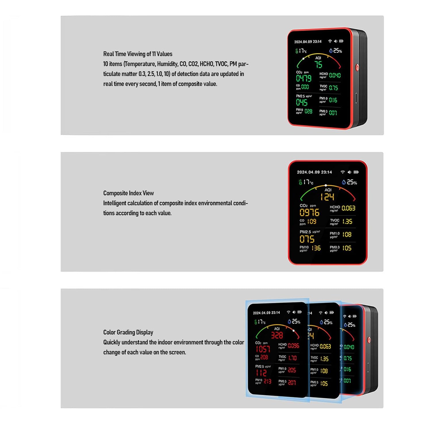 15-in-1-Luftqualitätsmonitor, tragbarer WiFi-Luftqualitätsmessgerät-Detektor mit CO2-TVOC-HCHO-PM2,5-Temperatur-Feuchtigkeitserkennung, 2,8-Zoll-LCD-Digitalanzeige für Zuhause (Schwarz + Rot) – Bild 9