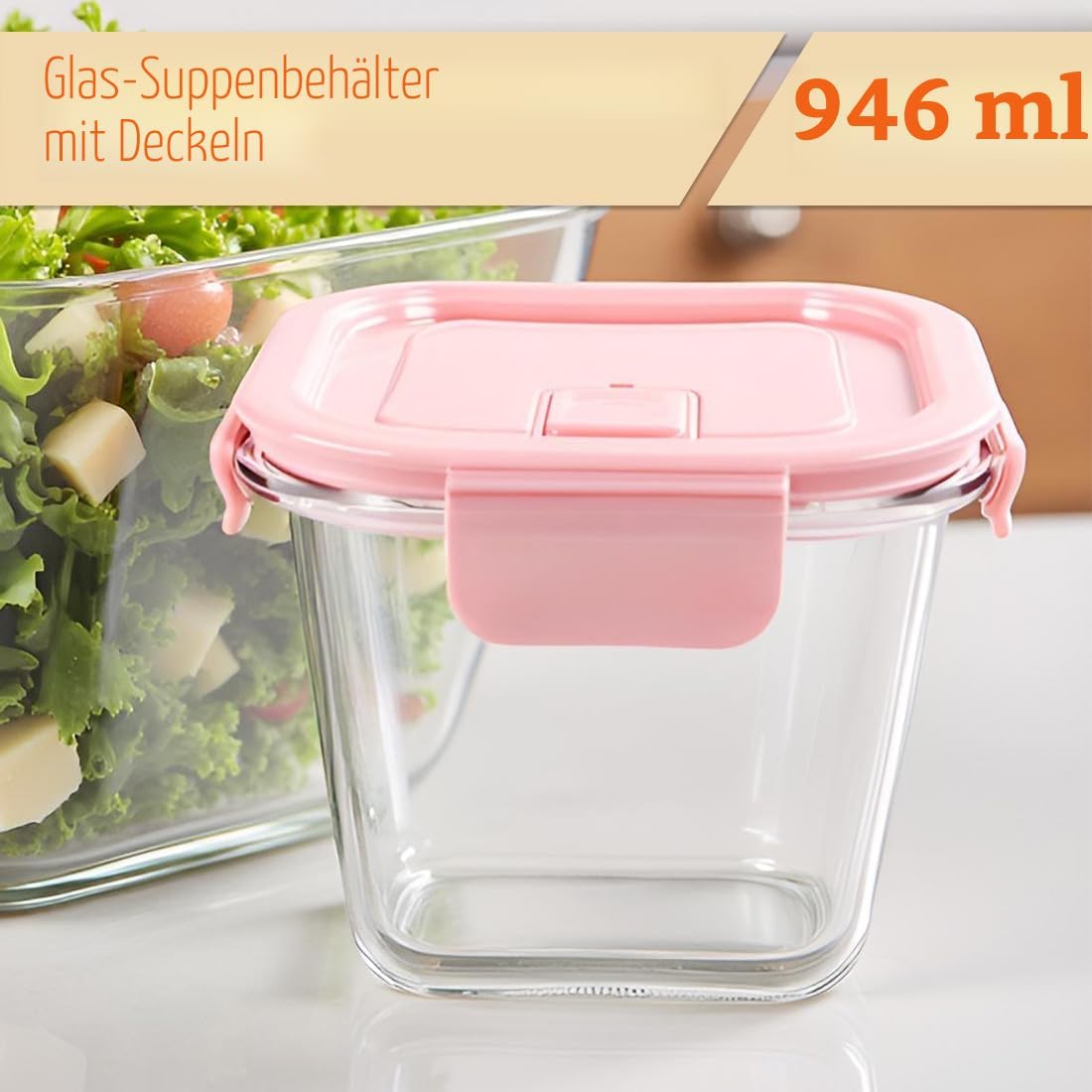 900 ml Glasbehälter mit Deckel, Vorratsgläser aus Glas mit Deckel, luftdicht. Quadratische Meal-Prep-Behälter, Mealprep-Gläser, Suppenbehälter aus Glas für Mikrowelle, Gefrierschrank und Spülmaschine – Bild 10
